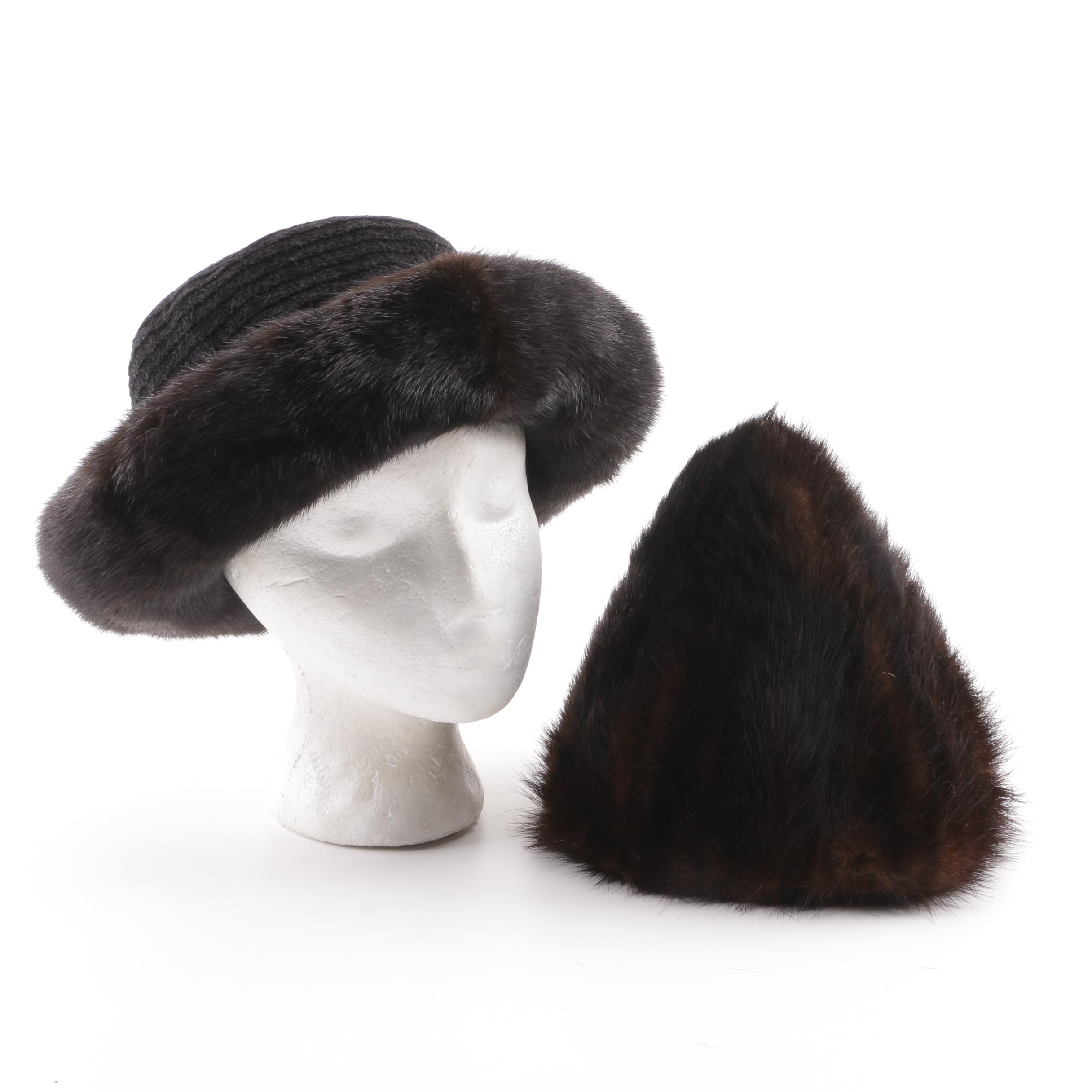 Women's Vintage Mink Fur Hat and Black Chenille Hat Trimmed in Mink Fur