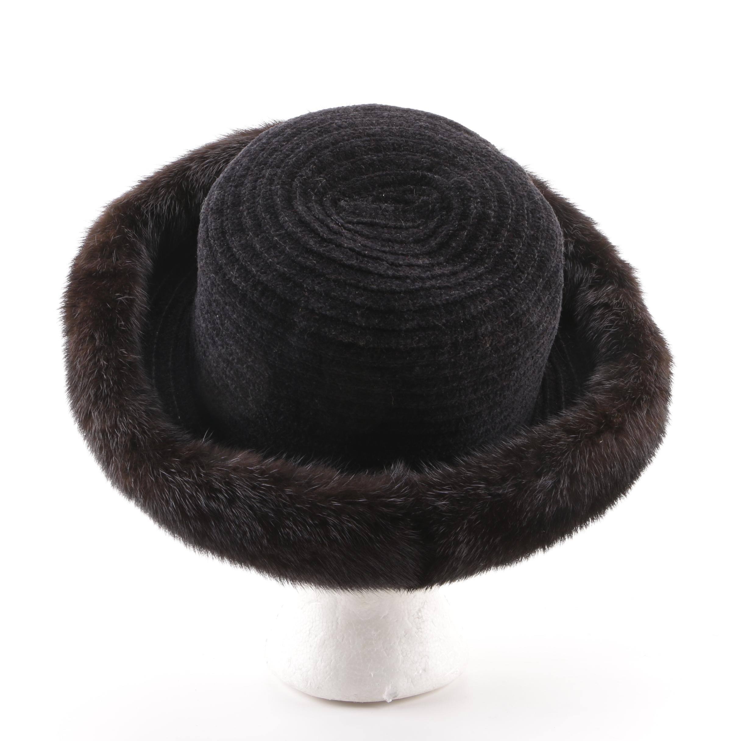 Women's Vintage Mink Fur Hat and Black Chenille Hat Trimmed in Mink Fur