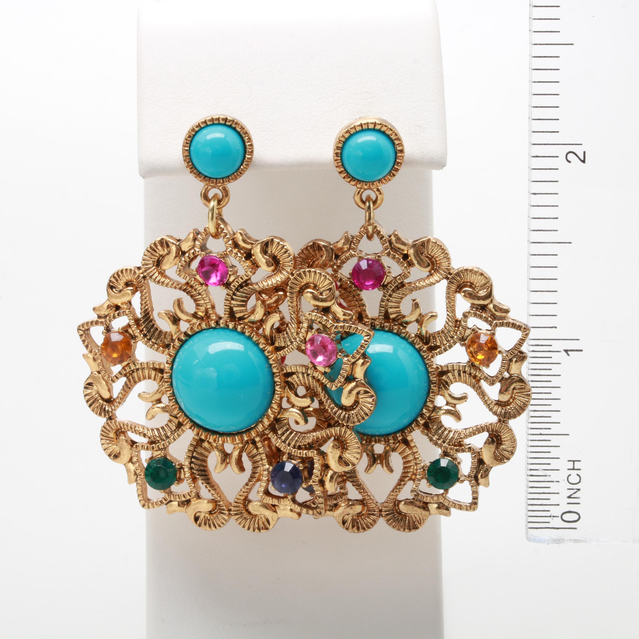 Gold Tone Imitation Turquoise and Glass Earrings