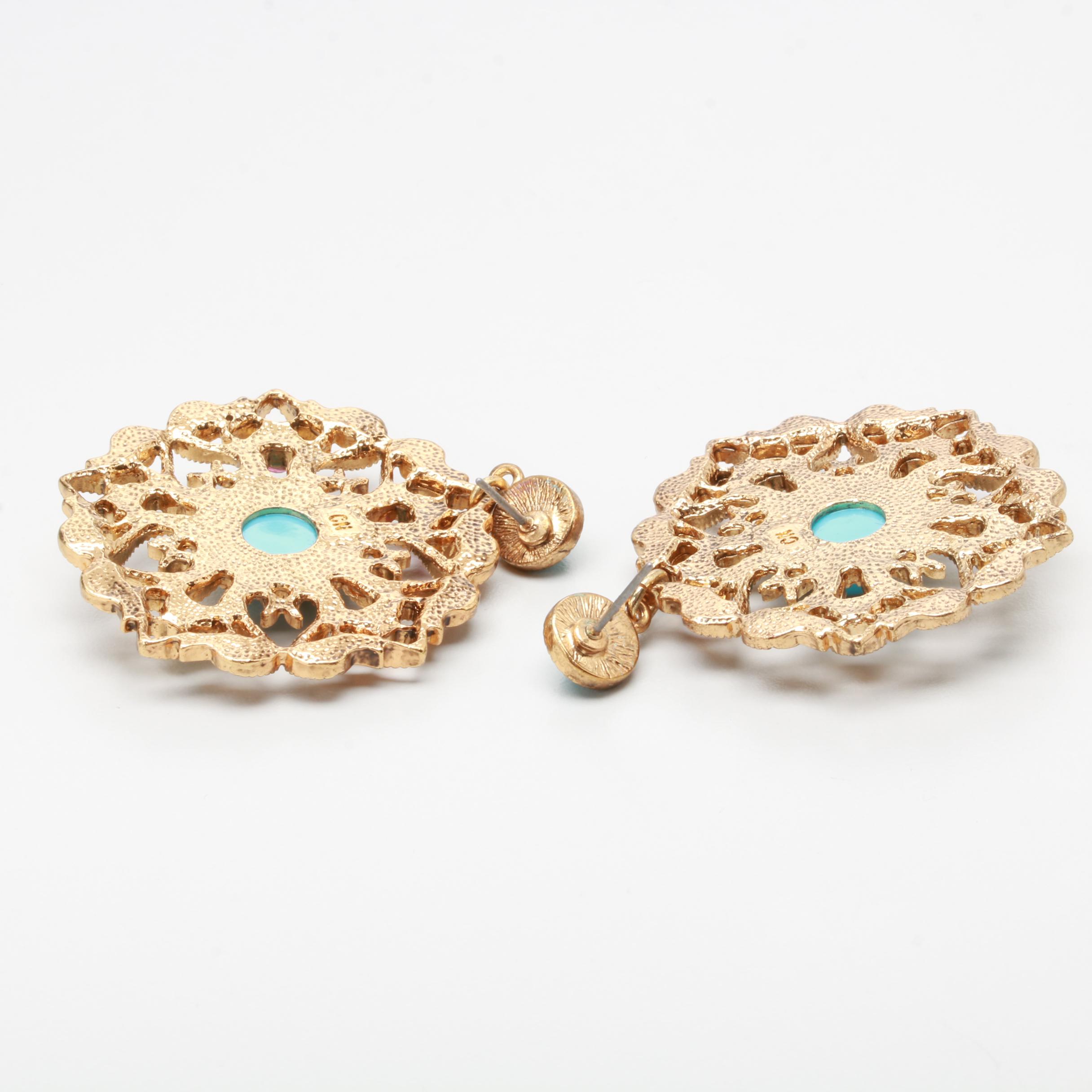 Gold Tone Imitation Turquoise and Glass Earrings