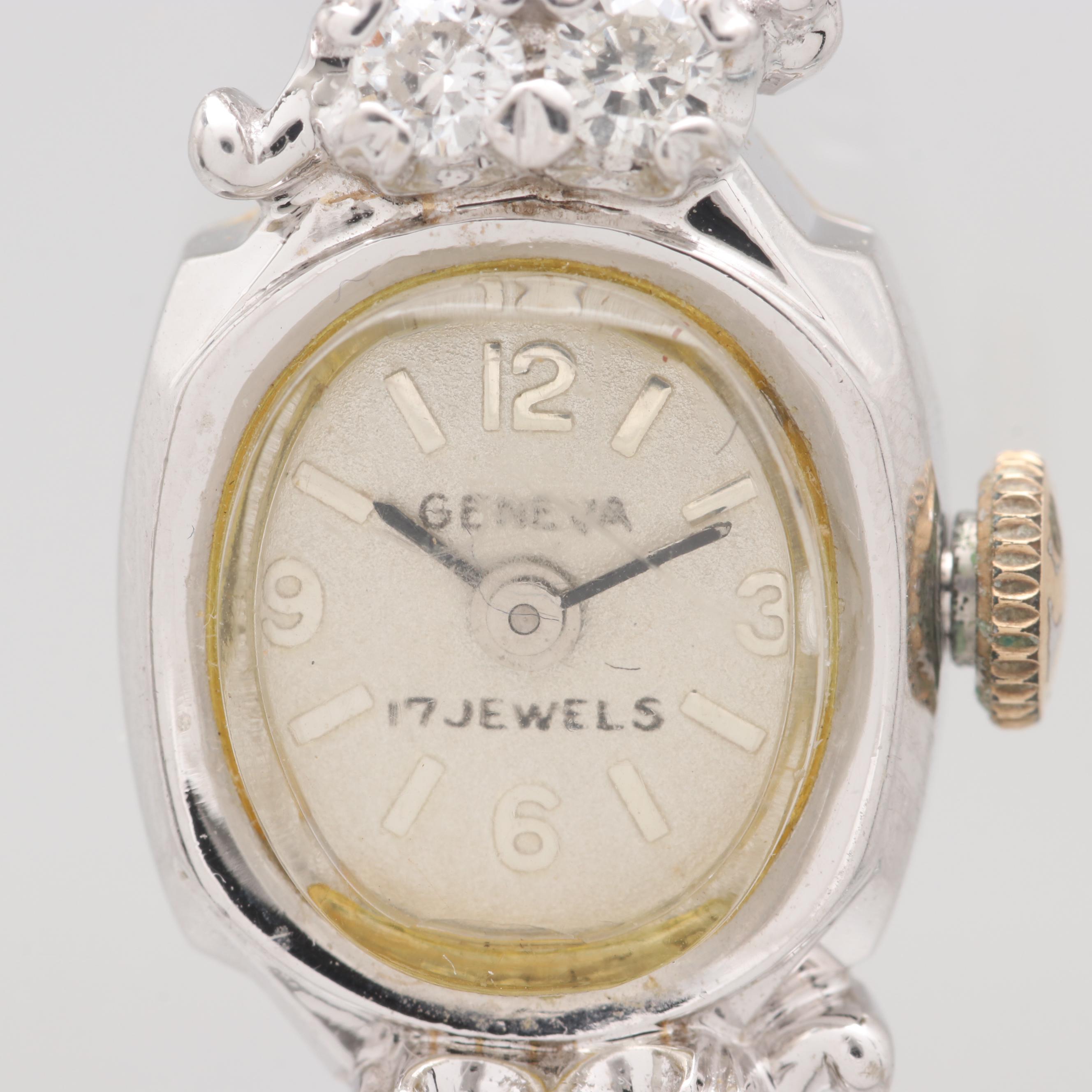 Vintage Swiss 14K White Gold Diamond Stem Wind Watch