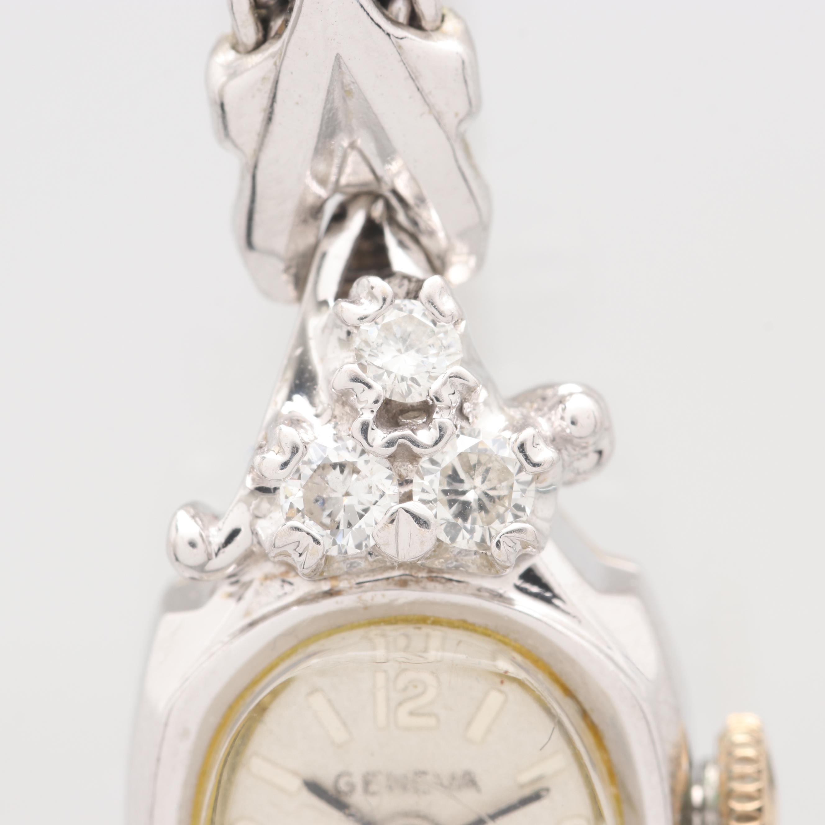 Vintage Swiss 14K White Gold Diamond Stem Wind Watch