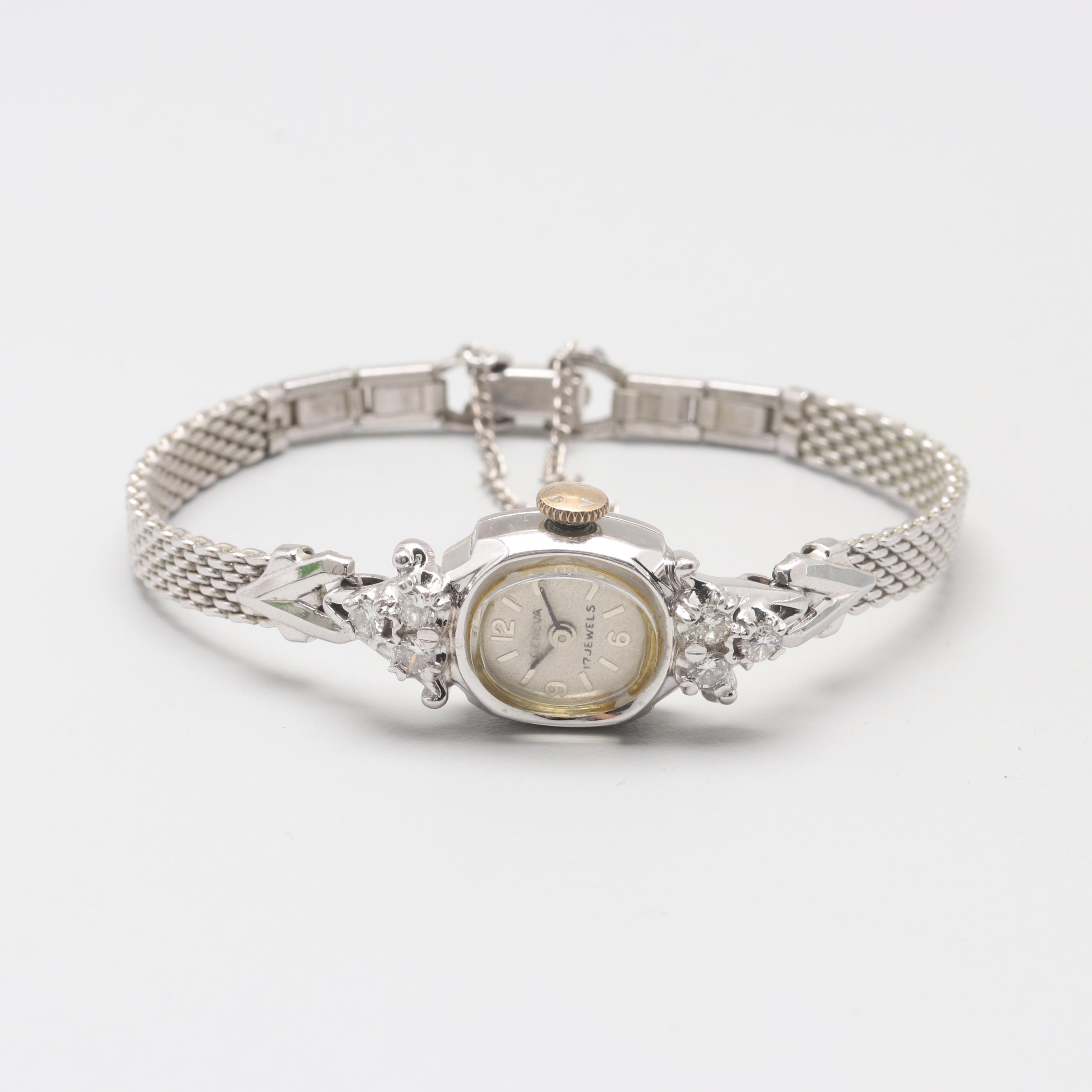 Vintage Swiss 14K White Gold Diamond Stem Wind Watch