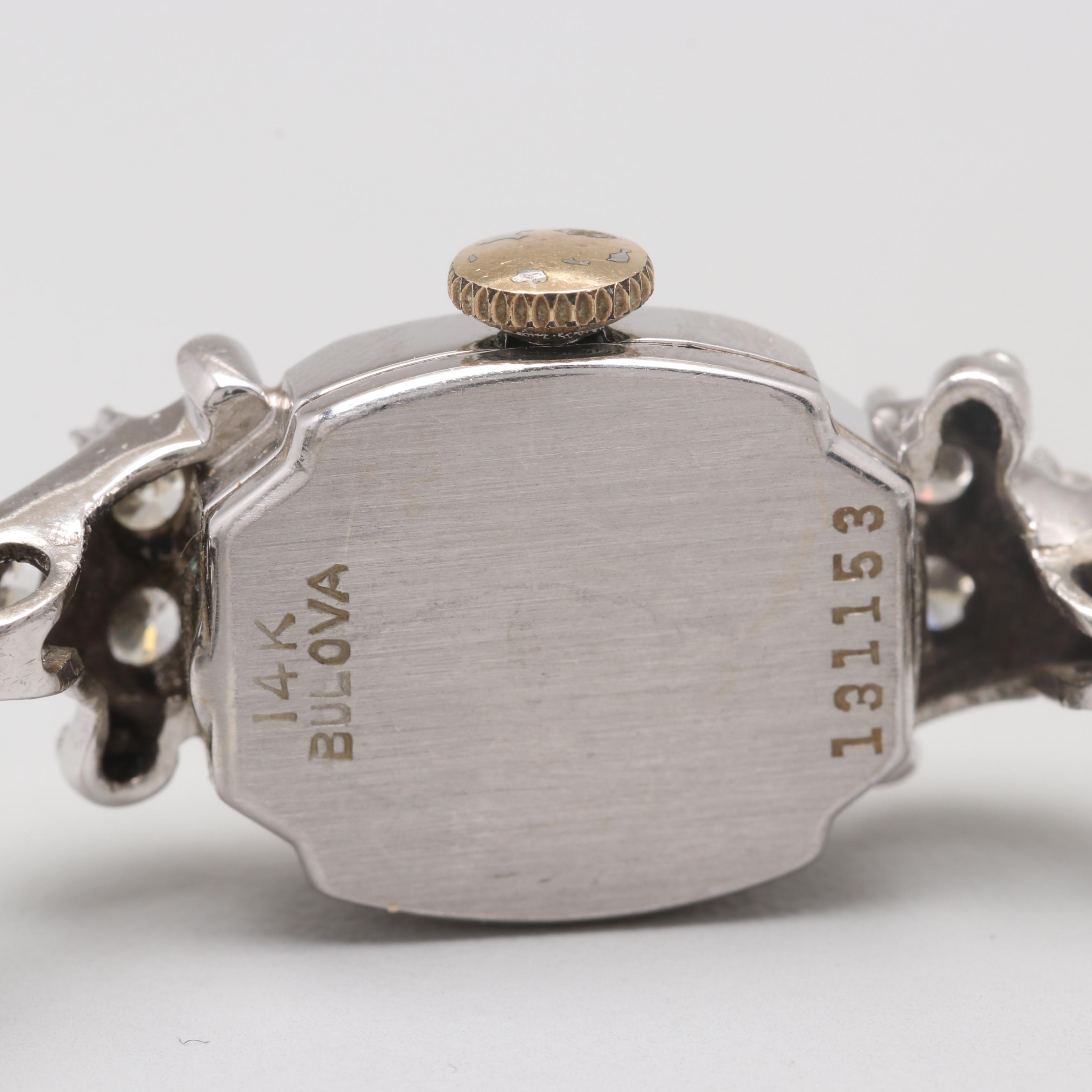 Vintage Swiss 14K White Gold Diamond Stem Wind Watch