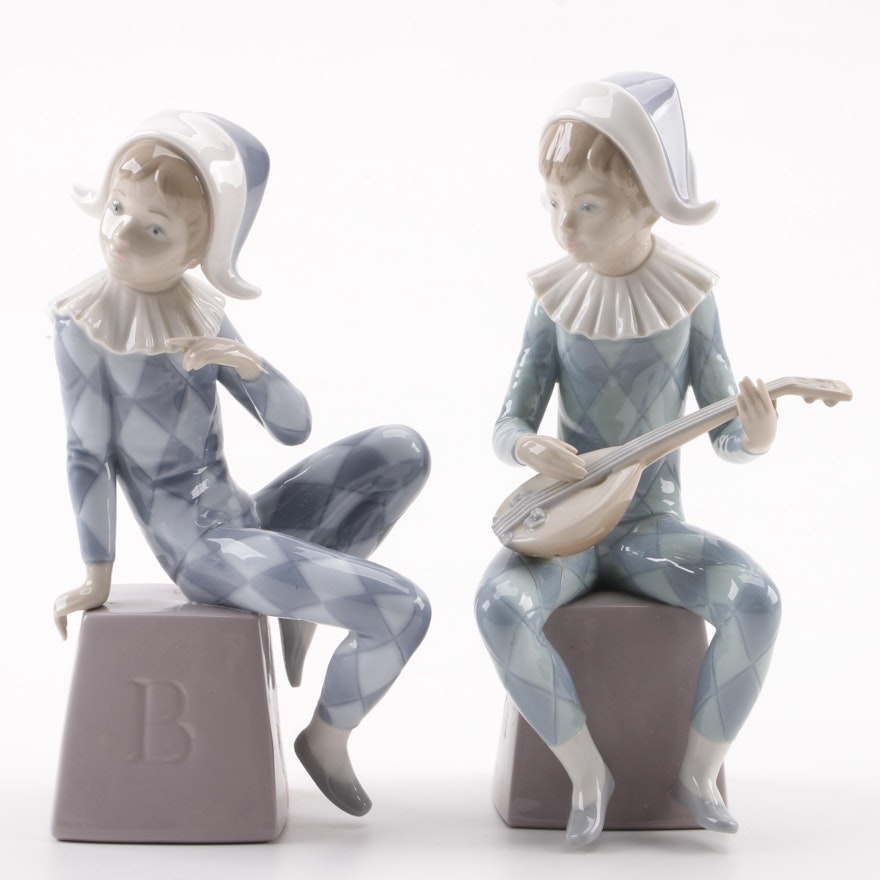 Lladró "Harlequin A" and "Harlequin B" Porcelain Figurines, 1980s