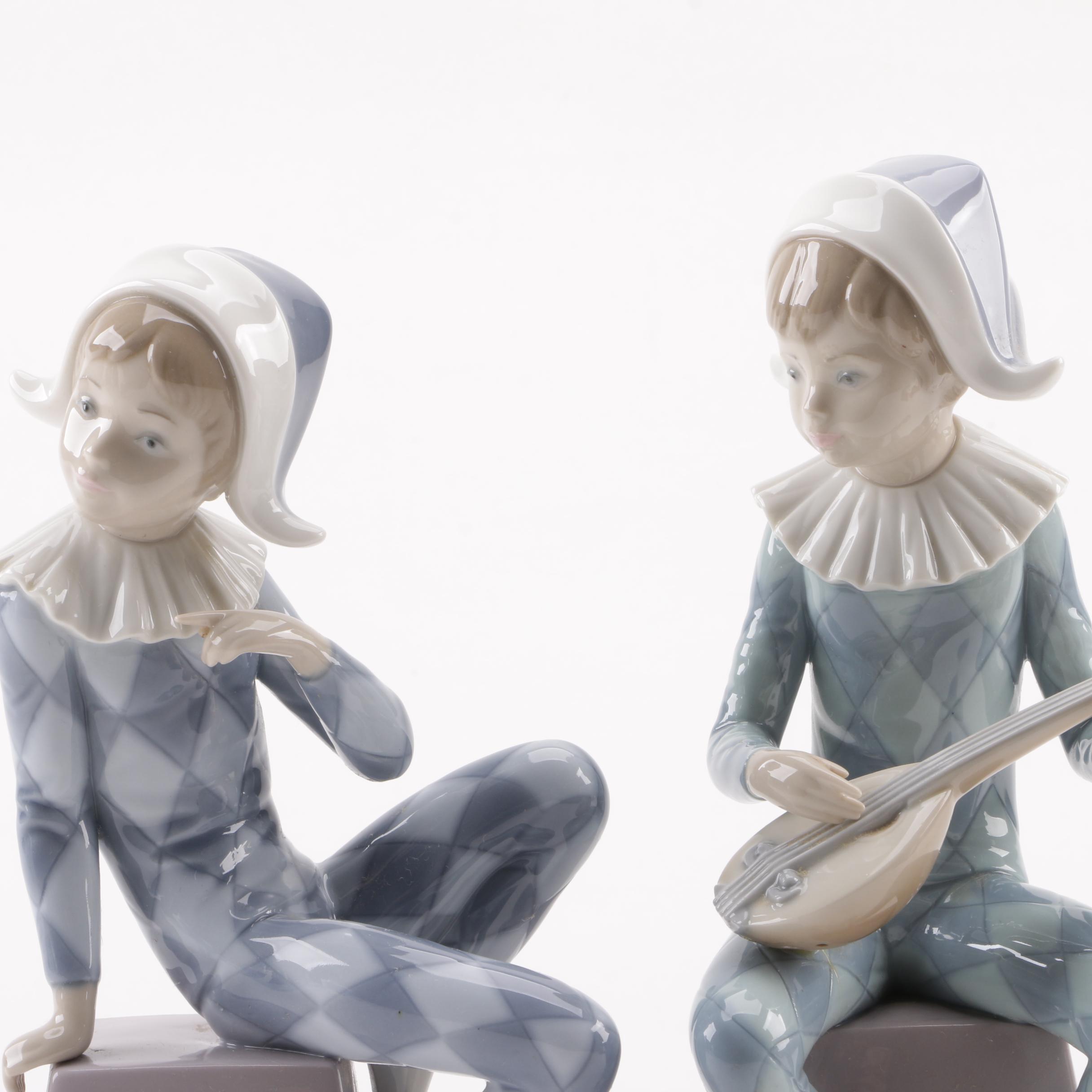Lladró "Harlequin A" and "Harlequin B" Porcelain Figurines, 1980s