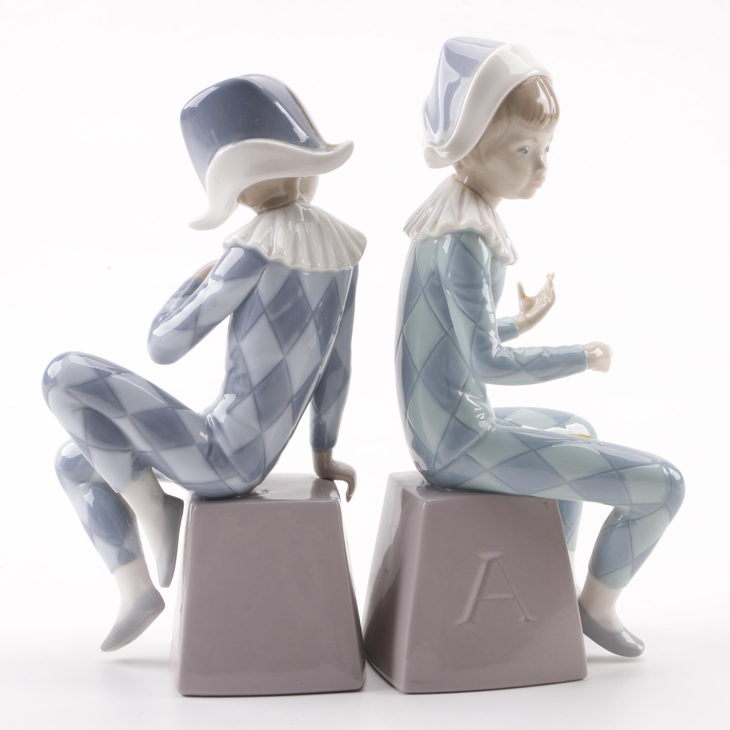 Lladró "Harlequin A" and "Harlequin B" Porcelain Figurines, 1980s