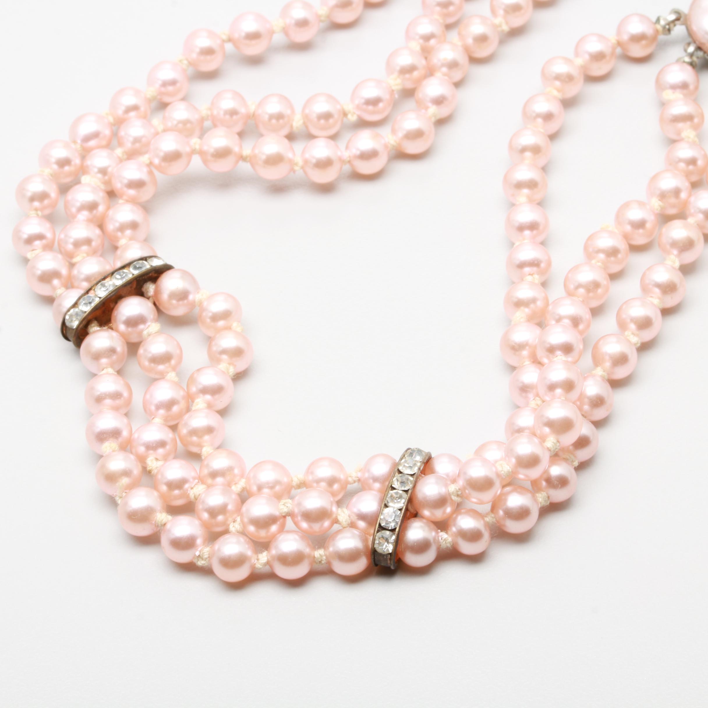 Vintage Costume Imitation Pearl and Foilback Glass Earrings and Necklace