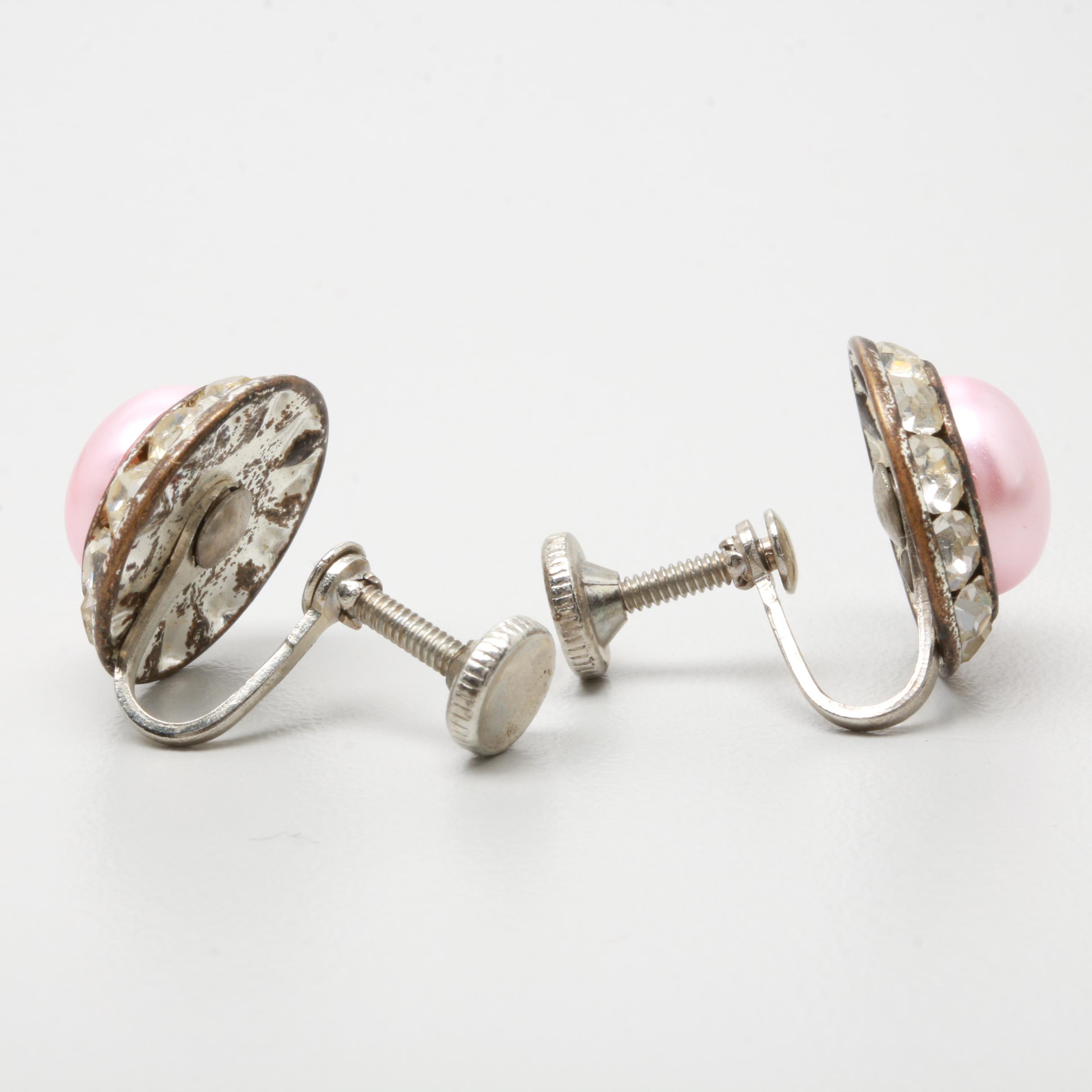 Vintage Costume Imitation Pearl and Foilback Glass Earrings and Necklace