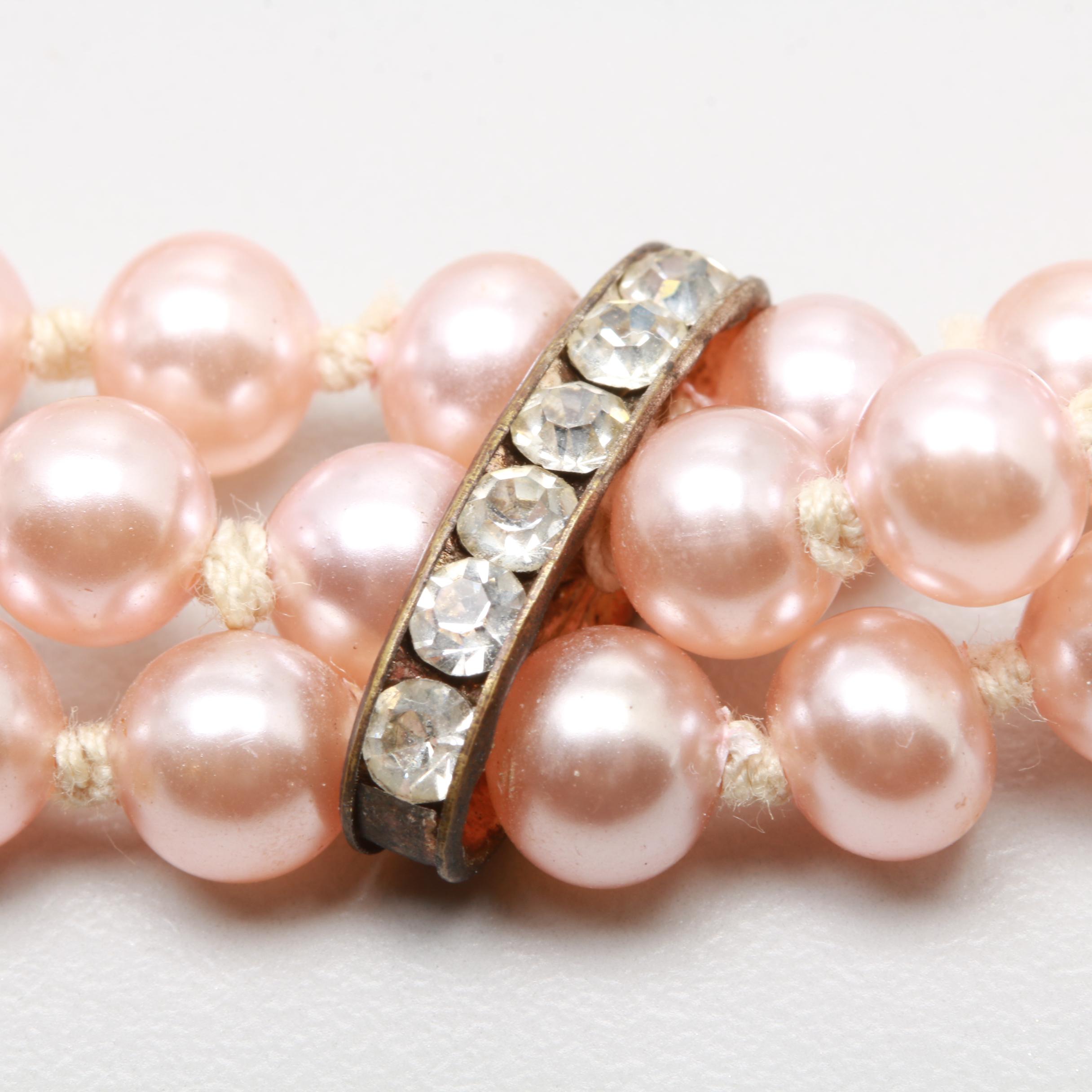 Vintage Costume Imitation Pearl and Foilback Glass Earrings and Necklace