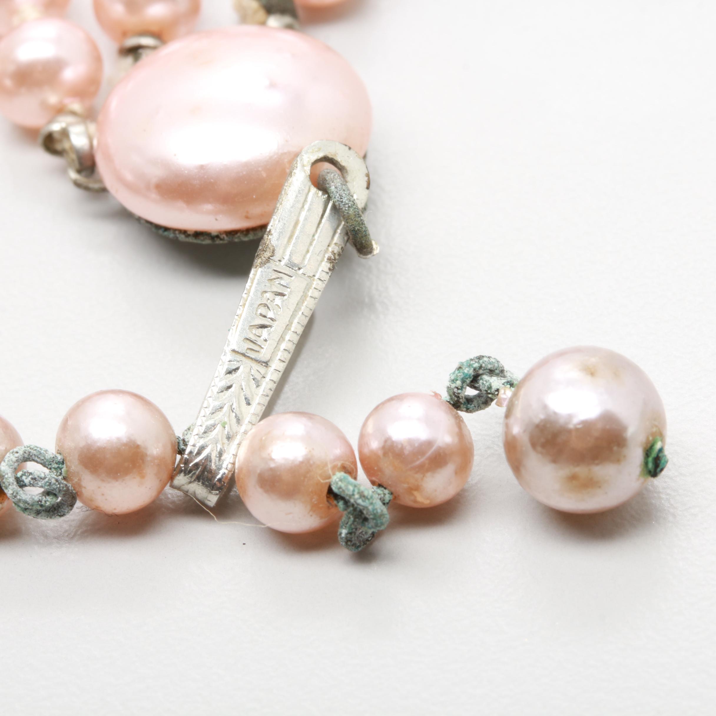 Vintage Costume Imitation Pearl and Foilback Glass Earrings and Necklace