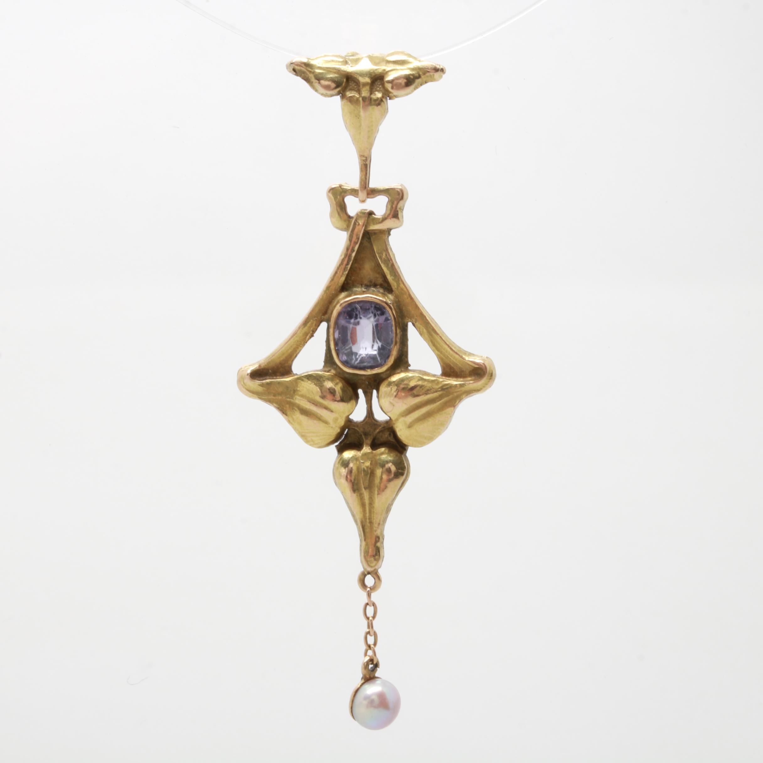 Arts and Crafts 14K Yellow Gold Spinel and Seed Pearl Pendant