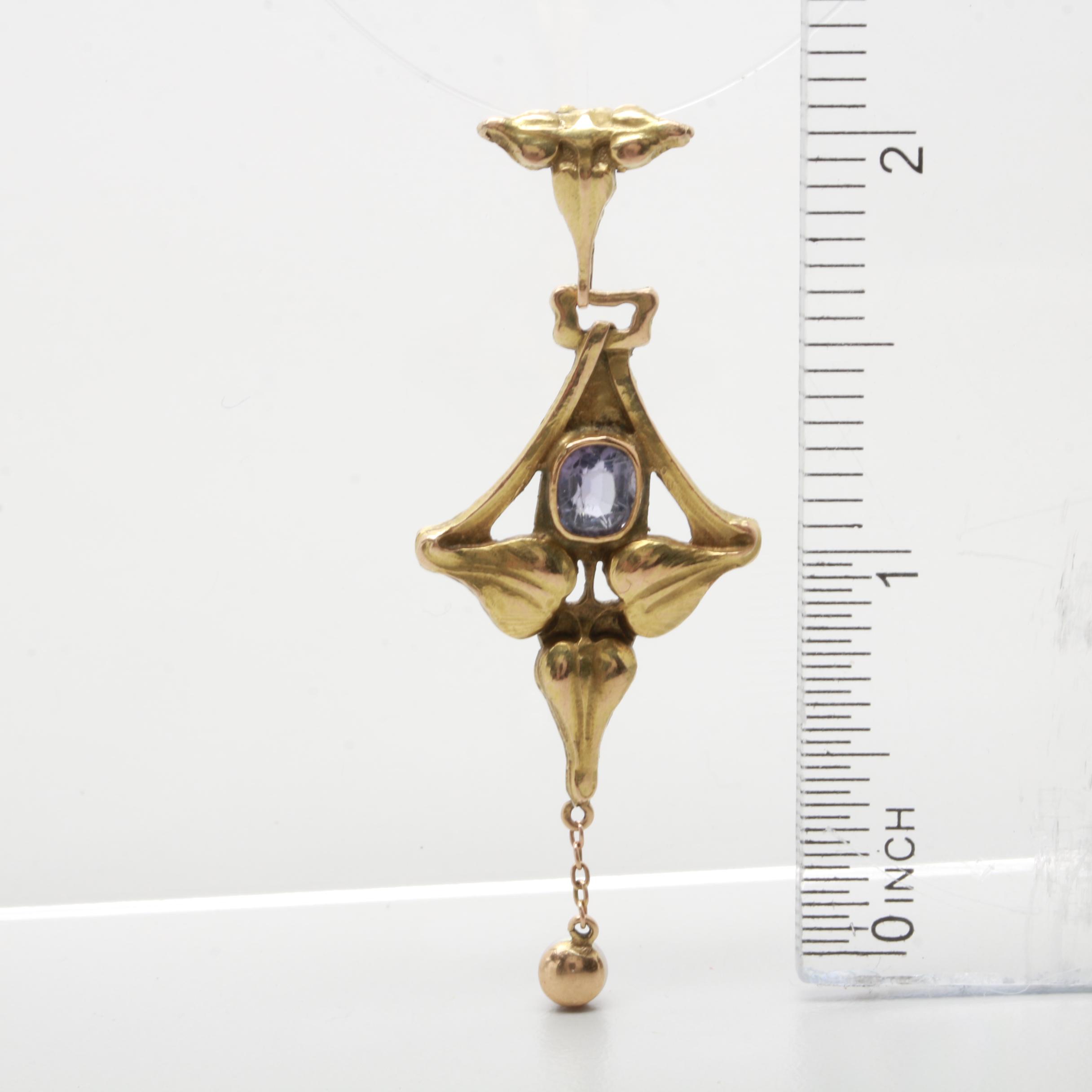 Arts and Crafts 14K Yellow Gold Spinel and Seed Pearl Pendant