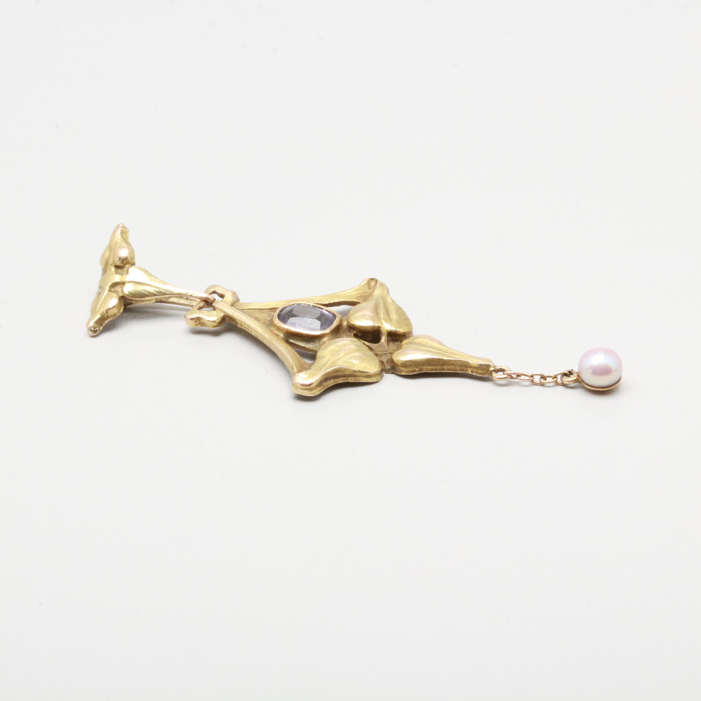 Arts and Crafts 14K Yellow Gold Spinel and Seed Pearl Pendant