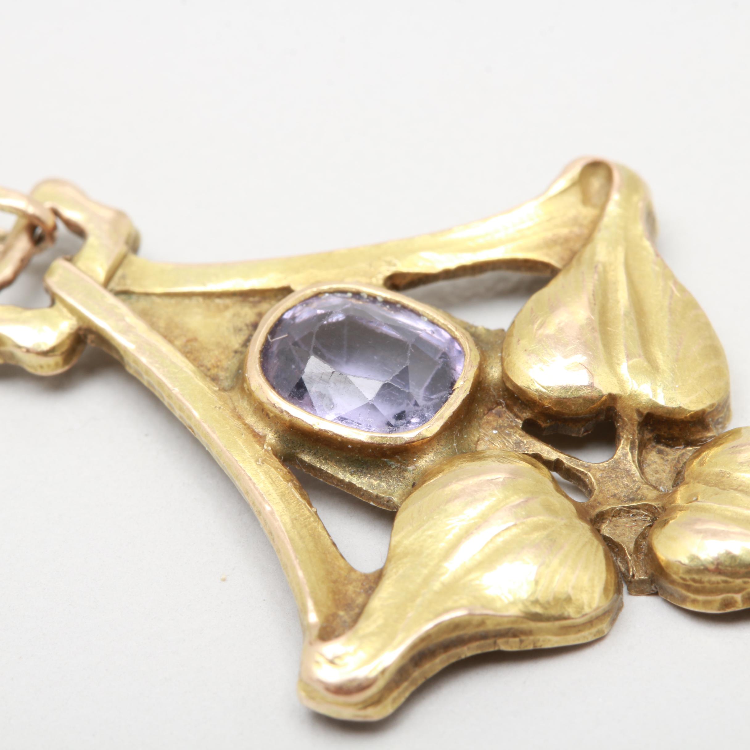 Arts and Crafts 14K Yellow Gold Spinel and Seed Pearl Pendant