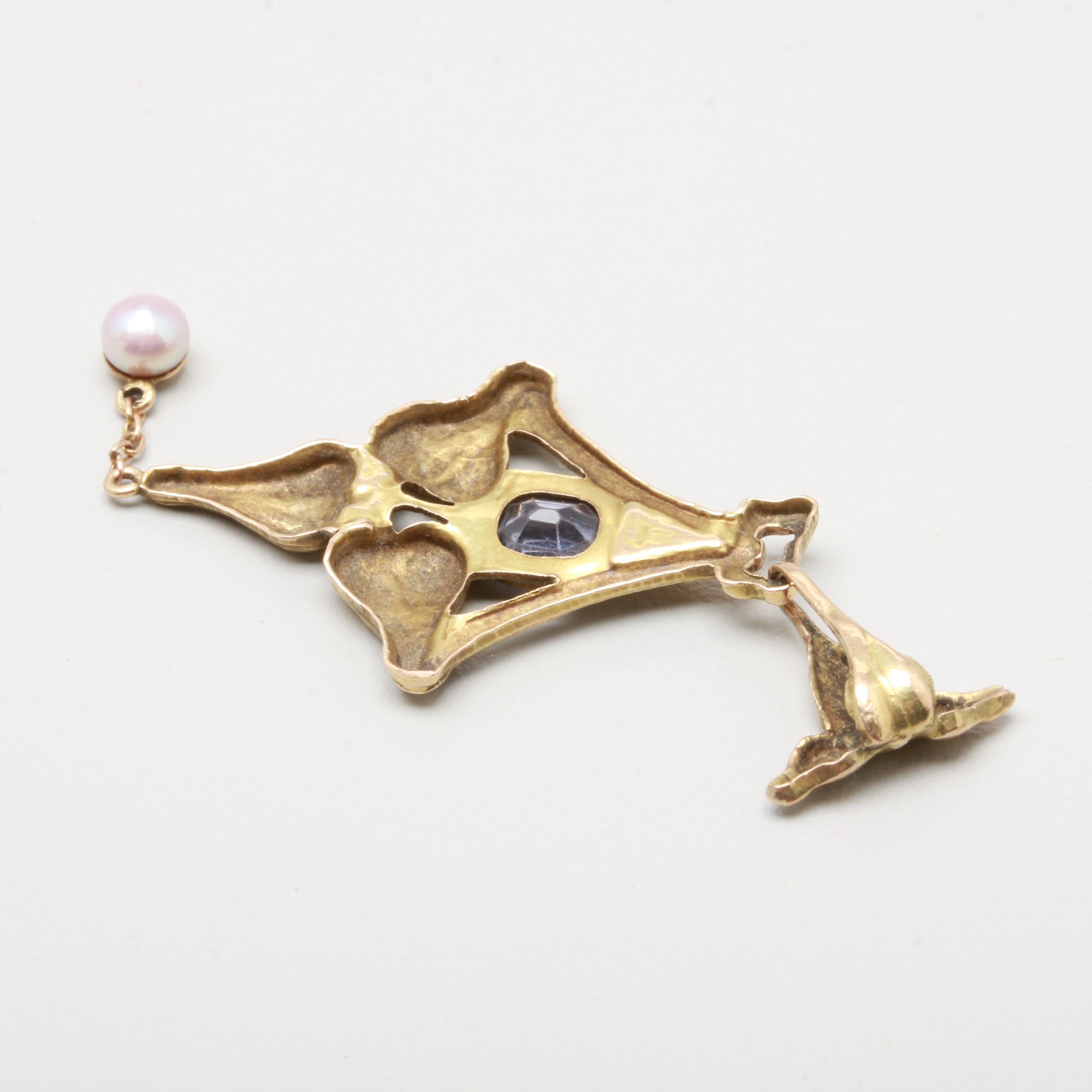 Arts and Crafts 14K Yellow Gold Spinel and Seed Pearl Pendant
