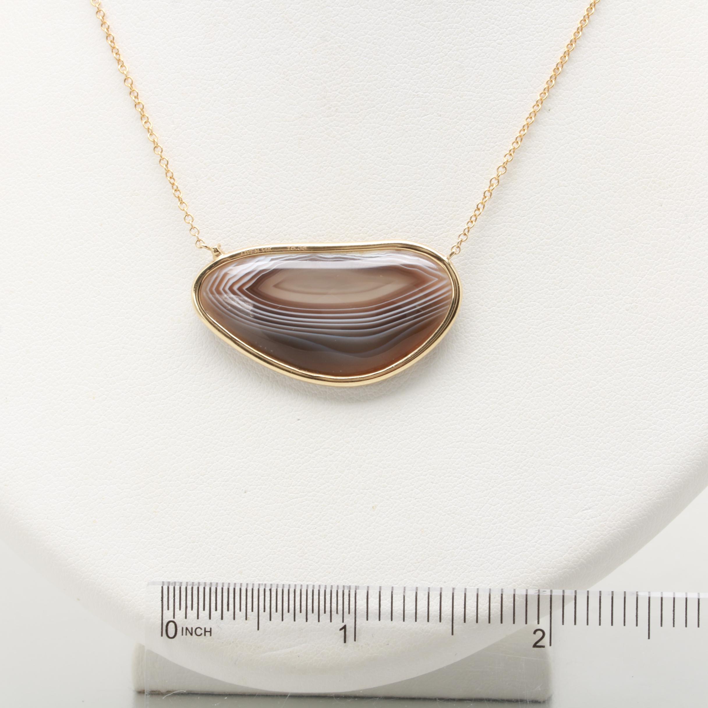 14K Yellow Gold Agate and Diamond Pendant Necklace