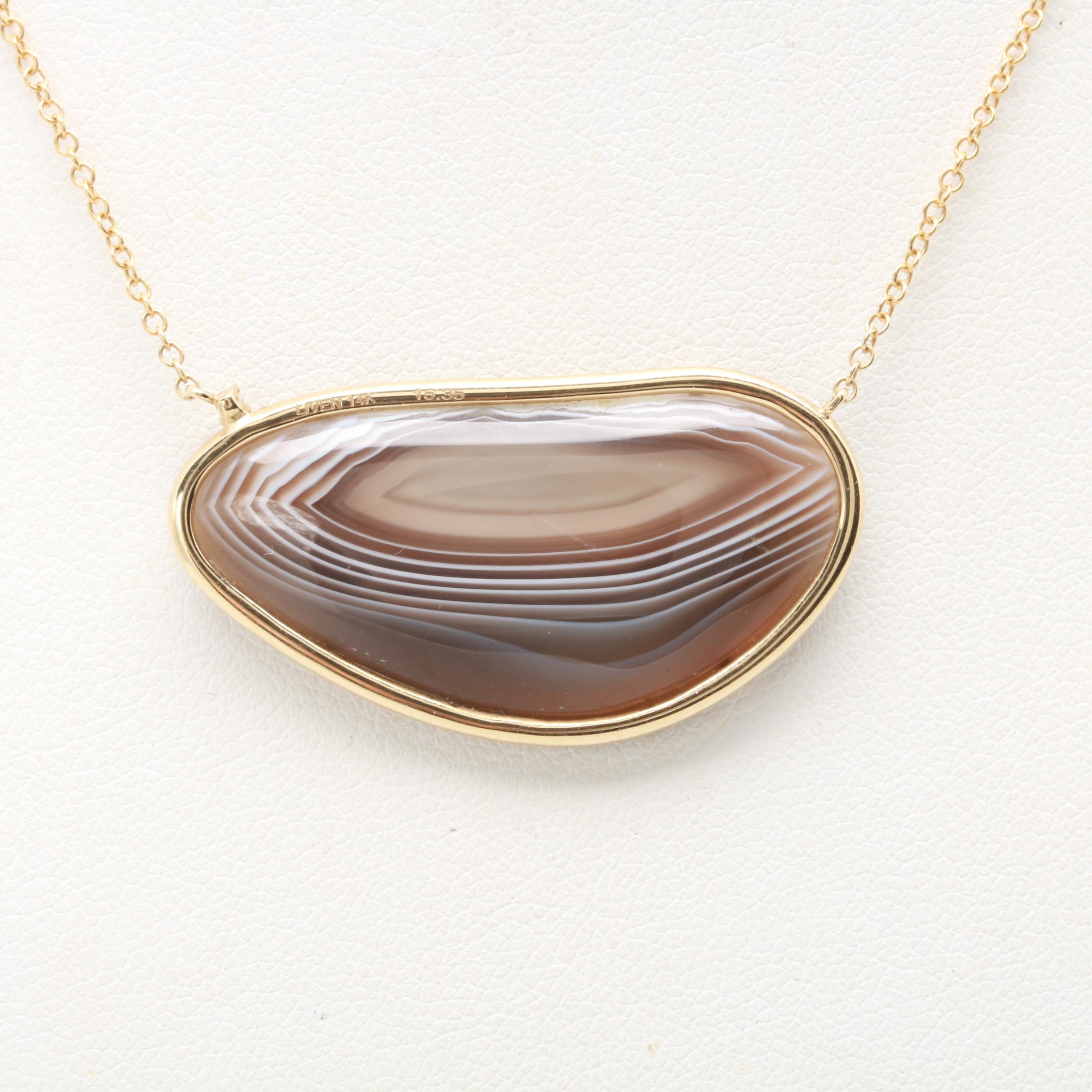 14K Yellow Gold Agate and Diamond Pendant Necklace