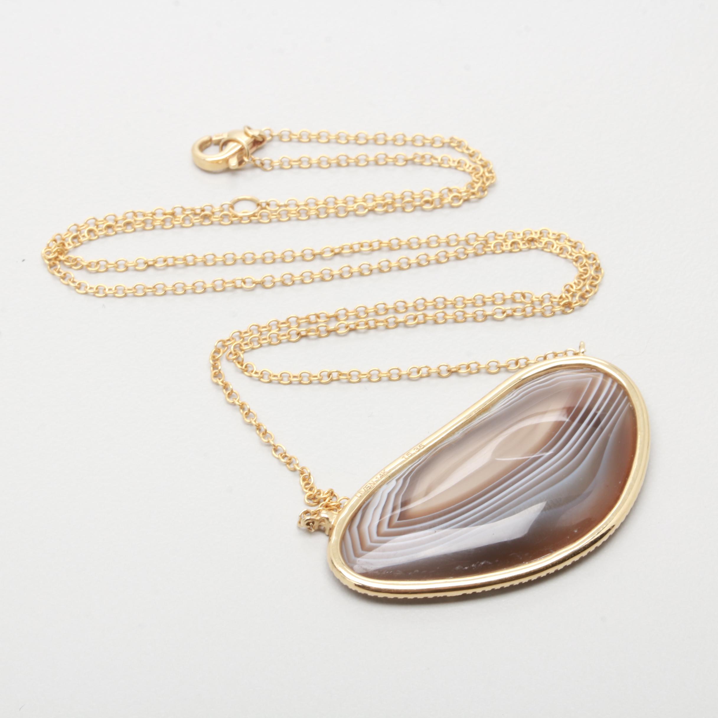 14K Yellow Gold Agate and Diamond Pendant Necklace