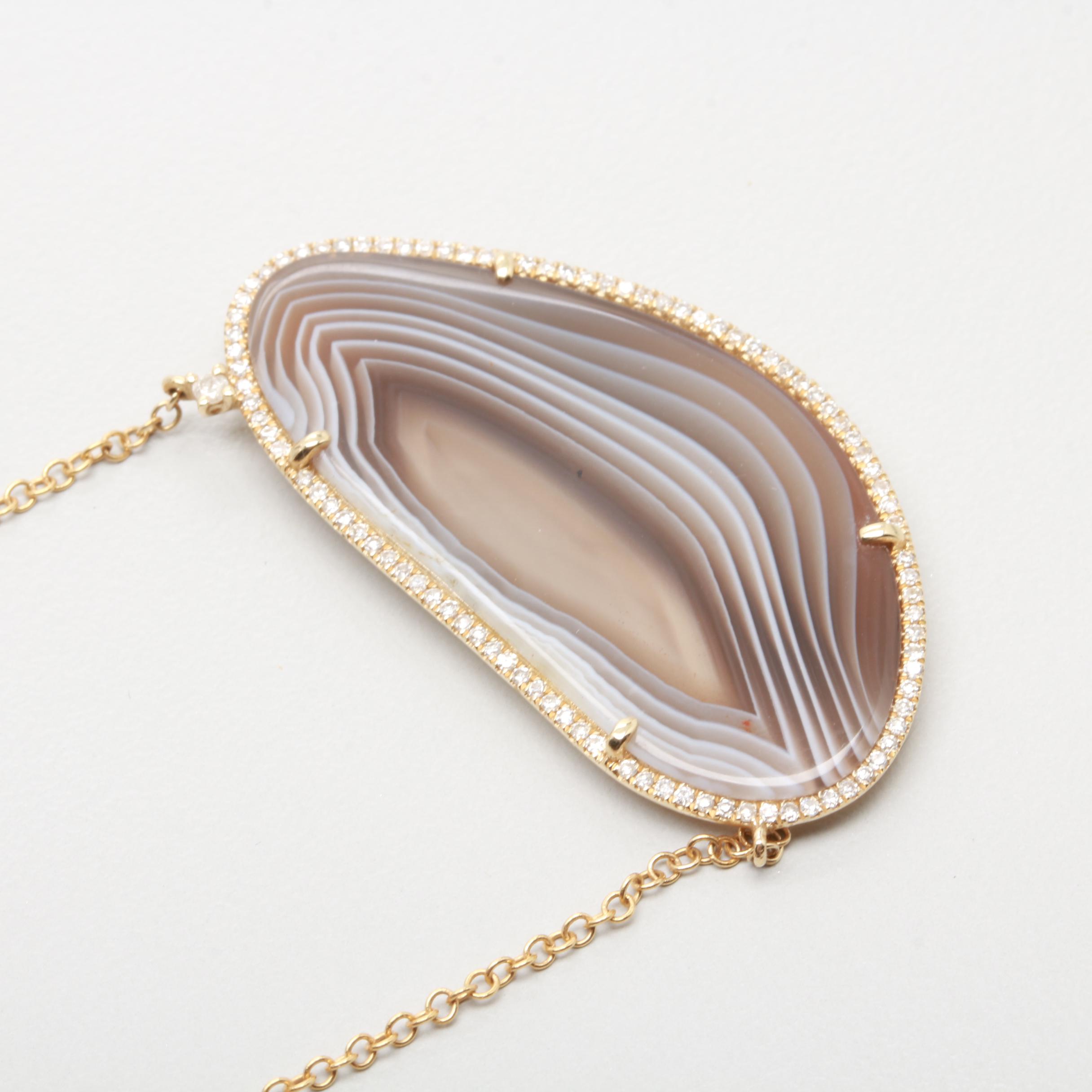 14K Yellow Gold Agate and Diamond Pendant Necklace