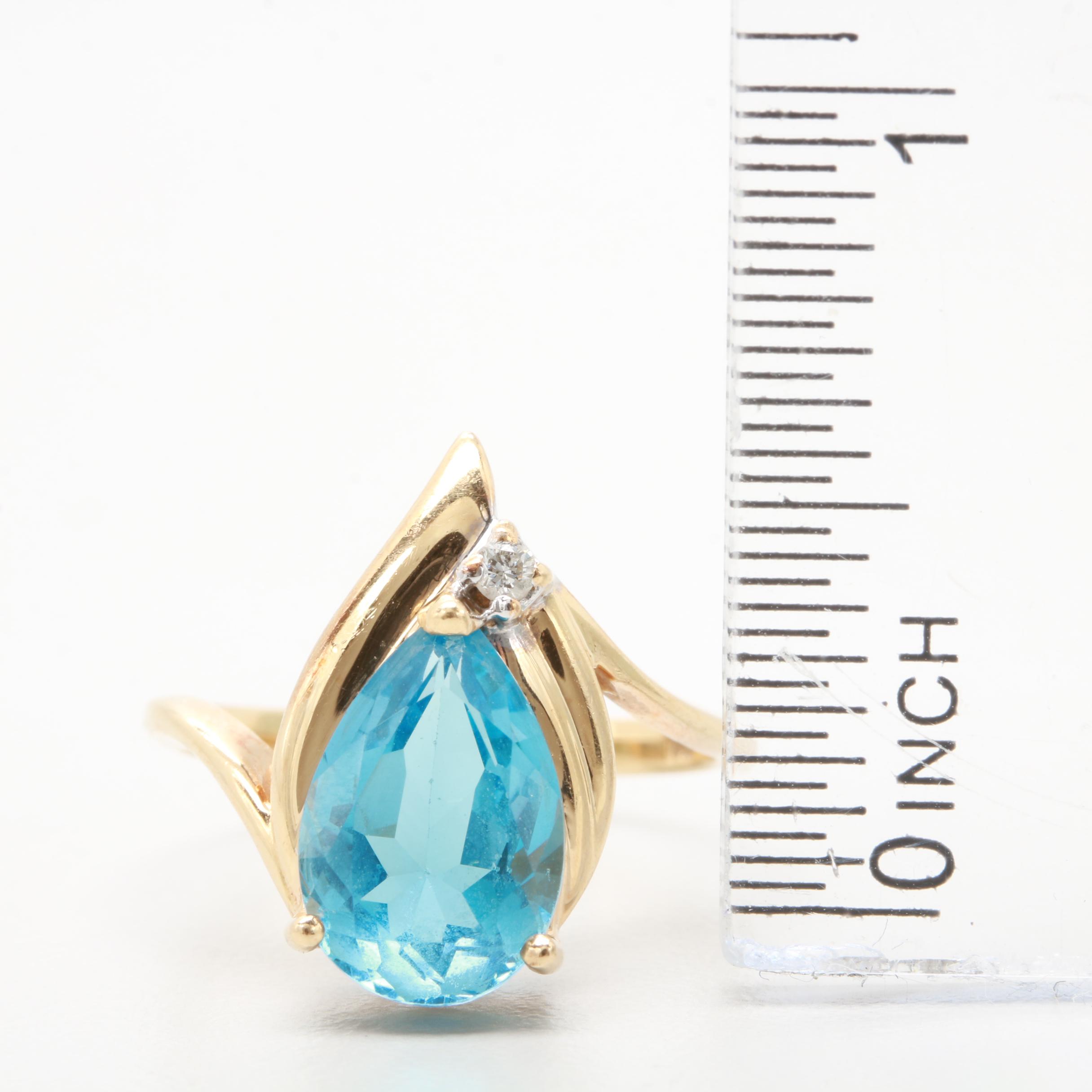 14K Yellow Gold Blue Topaz and Diamond Ring