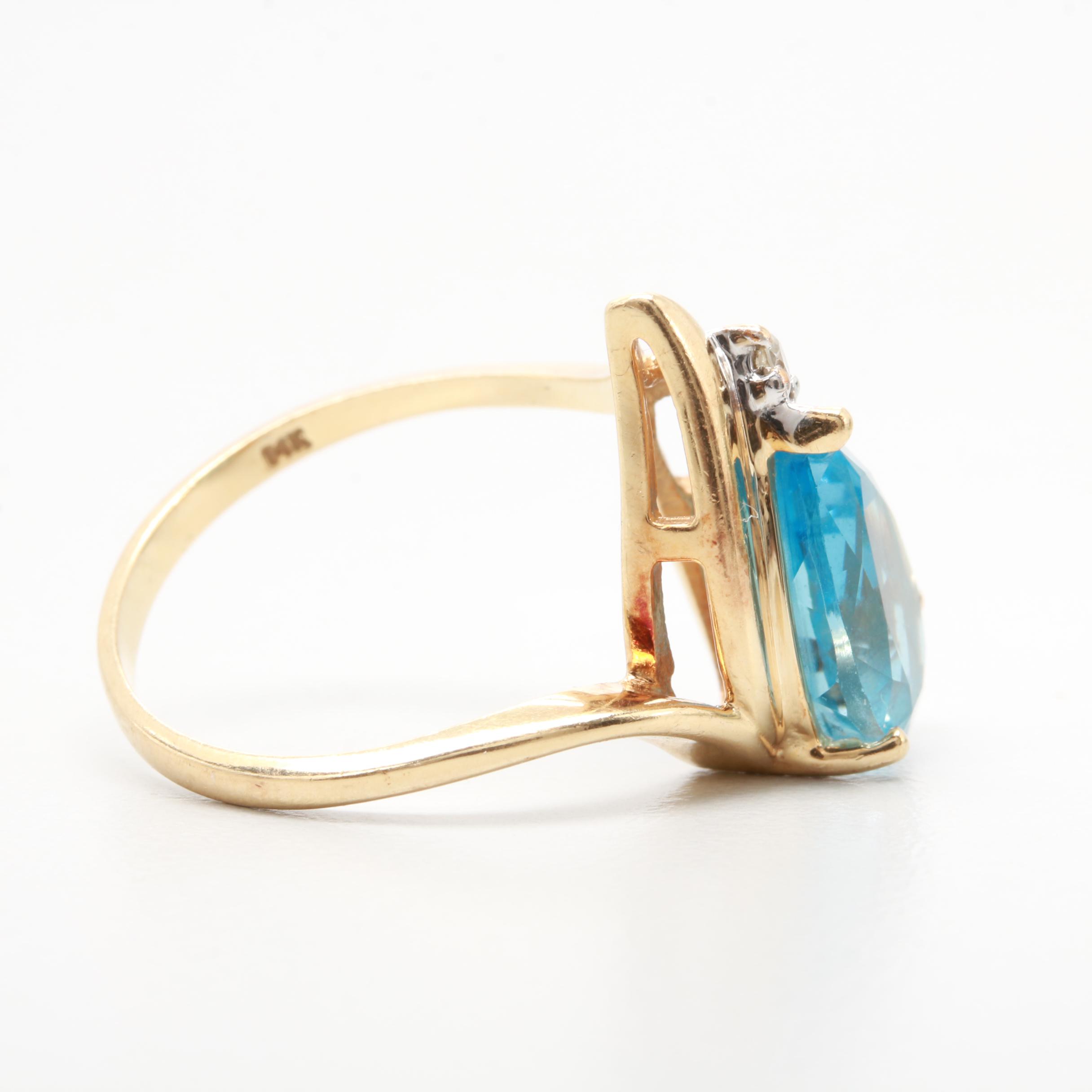 14K Yellow Gold Blue Topaz and Diamond Ring
