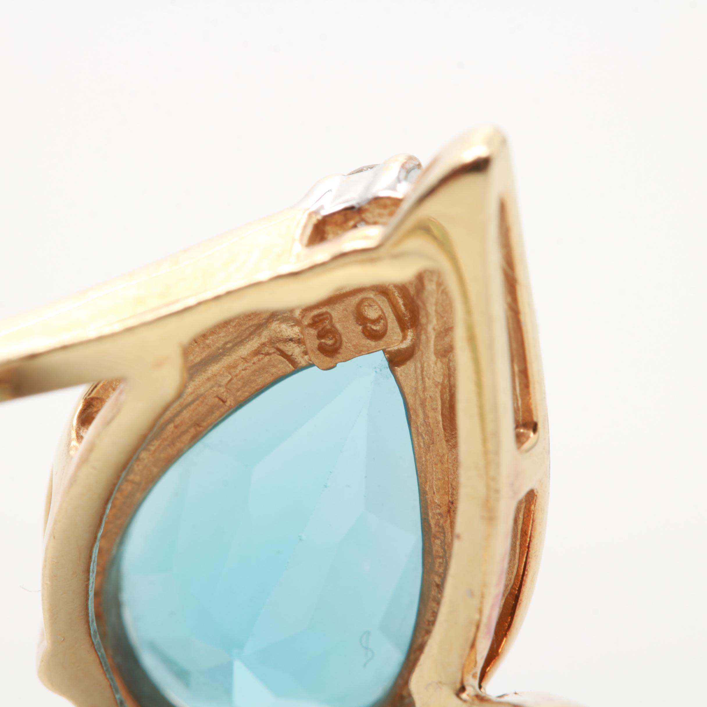 14K Yellow Gold Blue Topaz and Diamond Ring