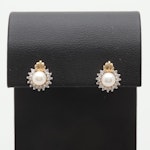 14K Yellow Gold Cultured Pearl and Diamond Earrings with White Gold Accents