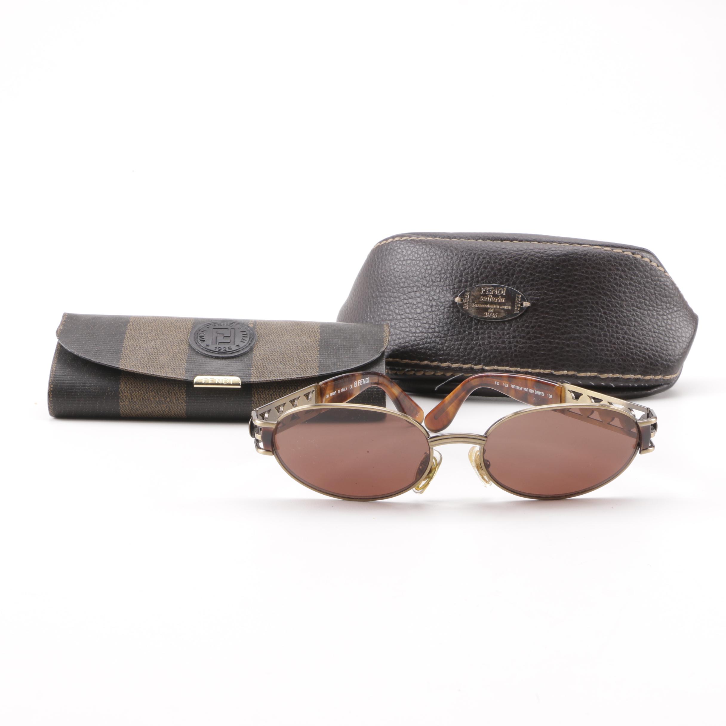 Circa 1980s Vintage Fendi FS 153 Tortoise/Antique Bronze Sunglasses with Cases