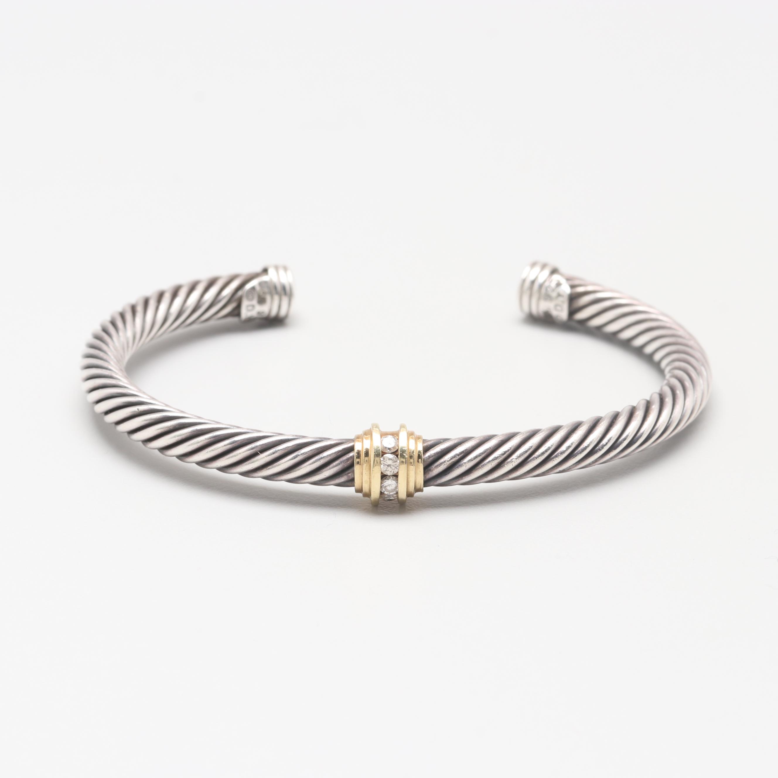 David Yurman Sterling Silver Diamond Cuff Bracelet with 18K Yellow Gold Accent