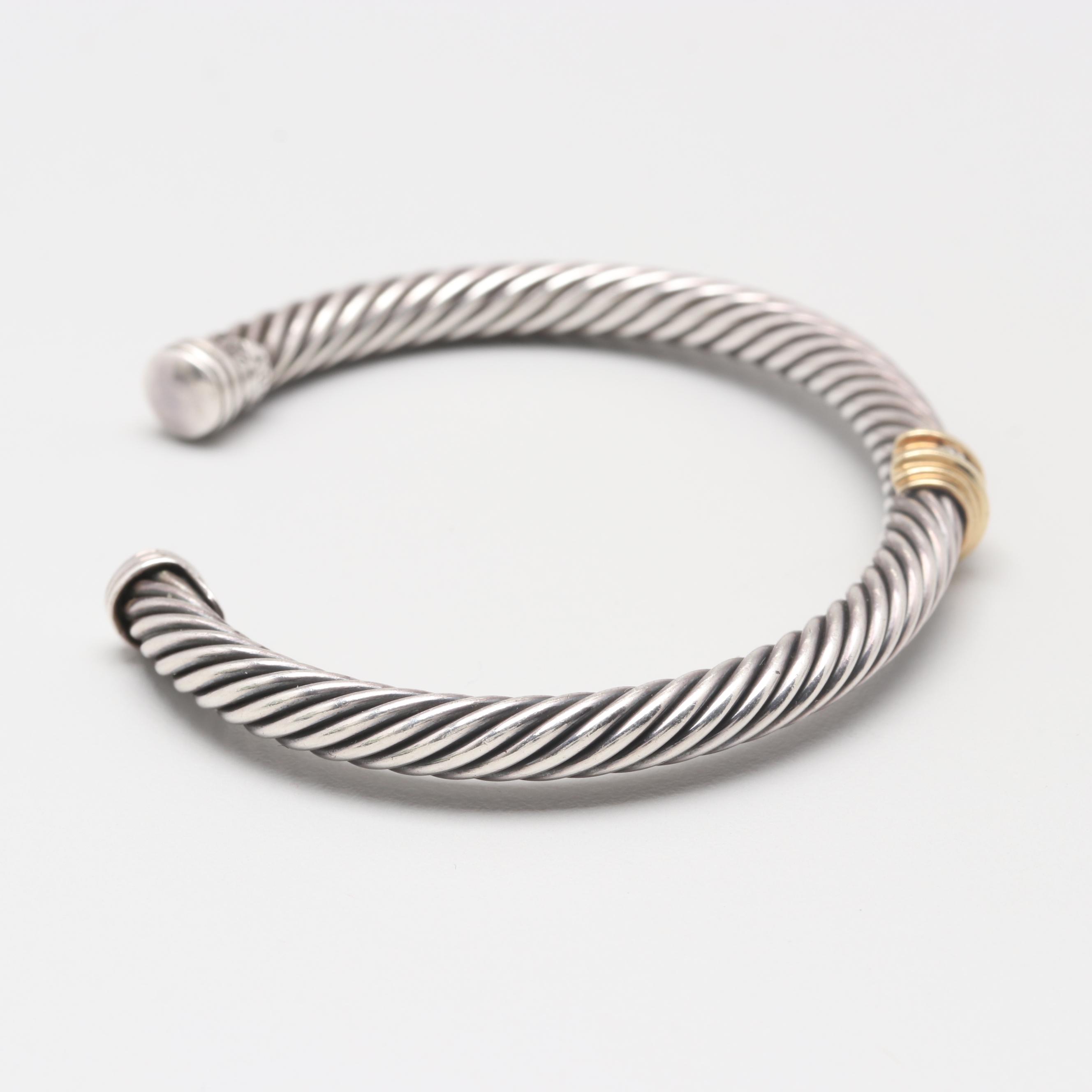 David Yurman Sterling Silver Diamond Cuff Bracelet with 18K Yellow Gold Accent