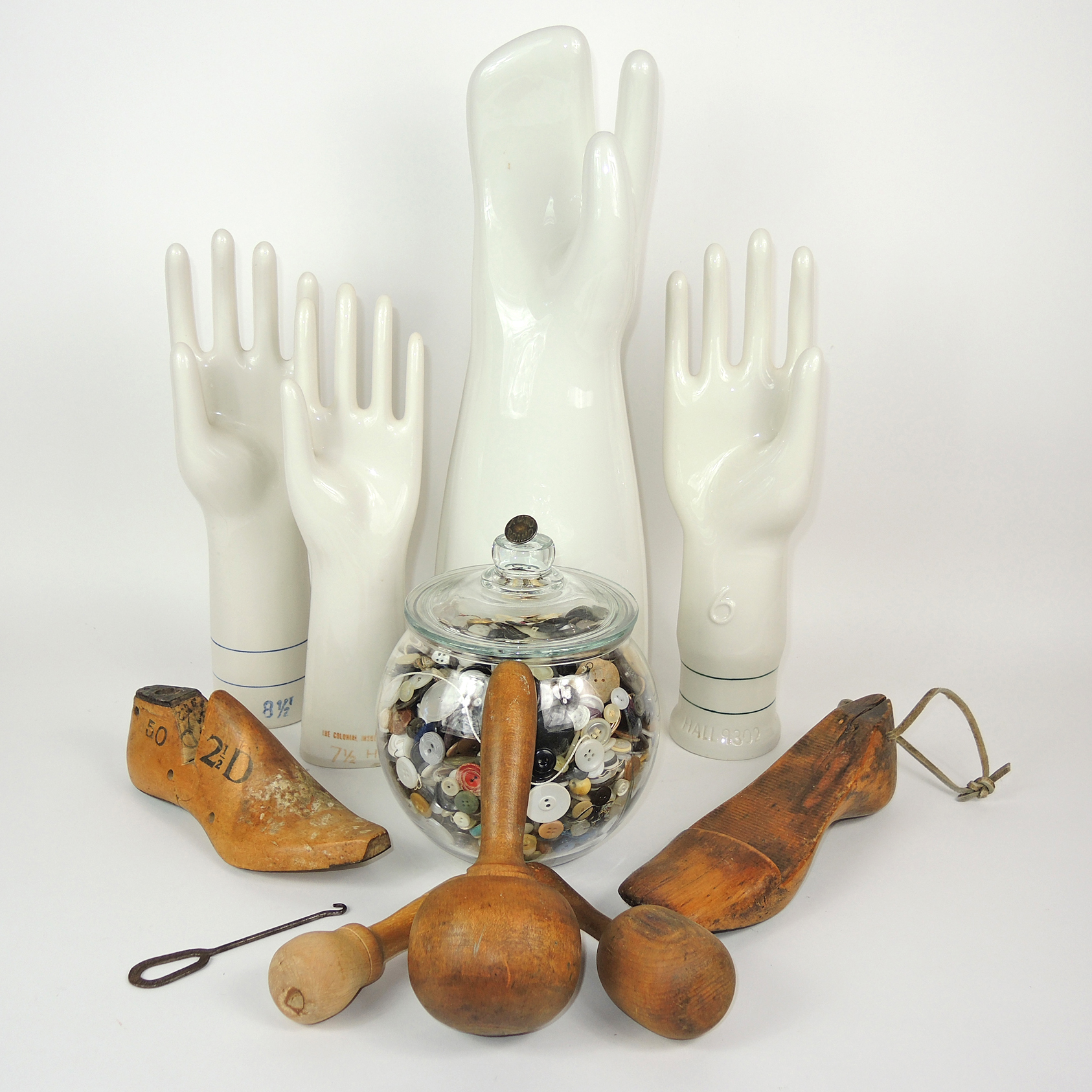 Porcelain Glove Molds, Foot Forms, Darning Eggs and Lace Hook