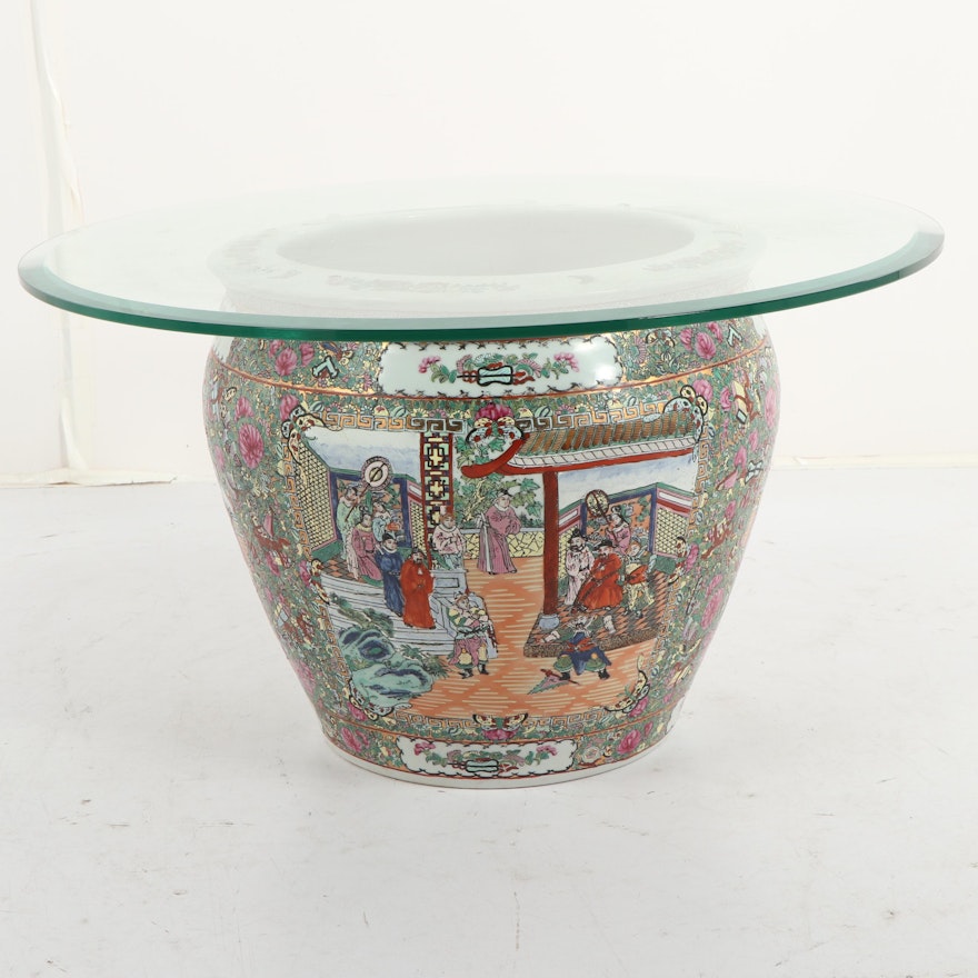 Chinese Glass Top Occasional Table with Ceramic Base, Mid 20th Century