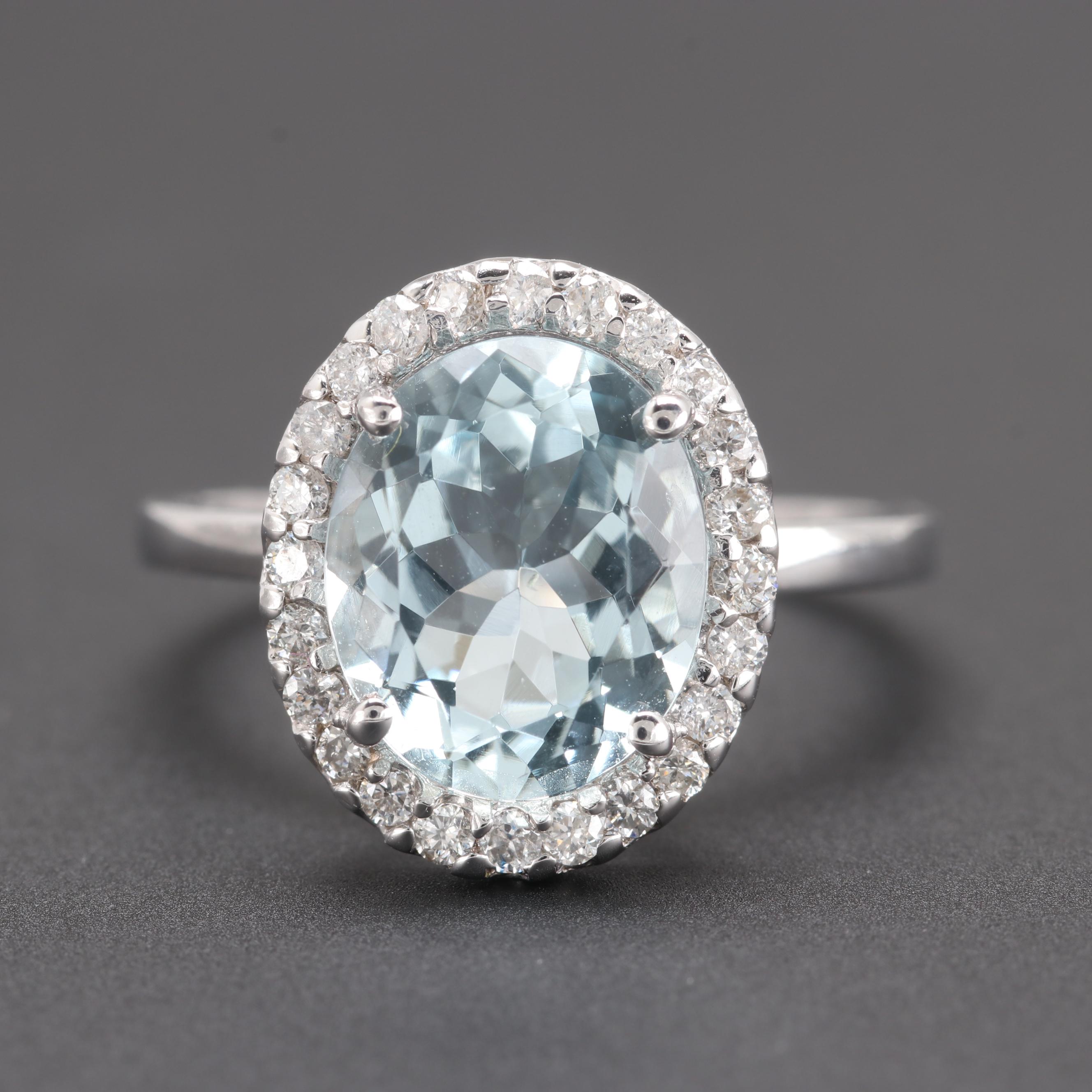 14K White Gold 2.60 CT Aquamarine and Diamond Ring
