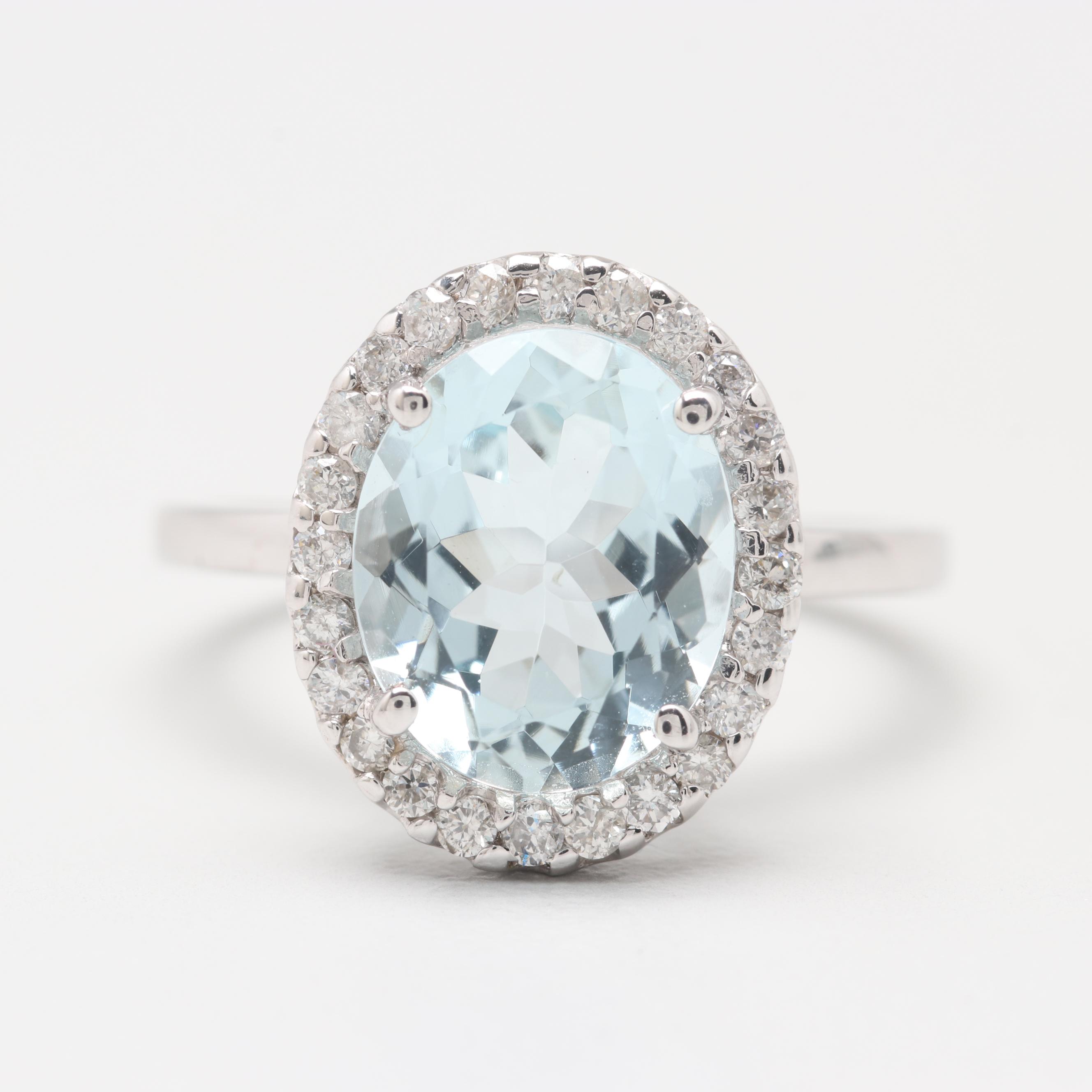 14K White Gold 2.60 CT Aquamarine and Diamond Ring