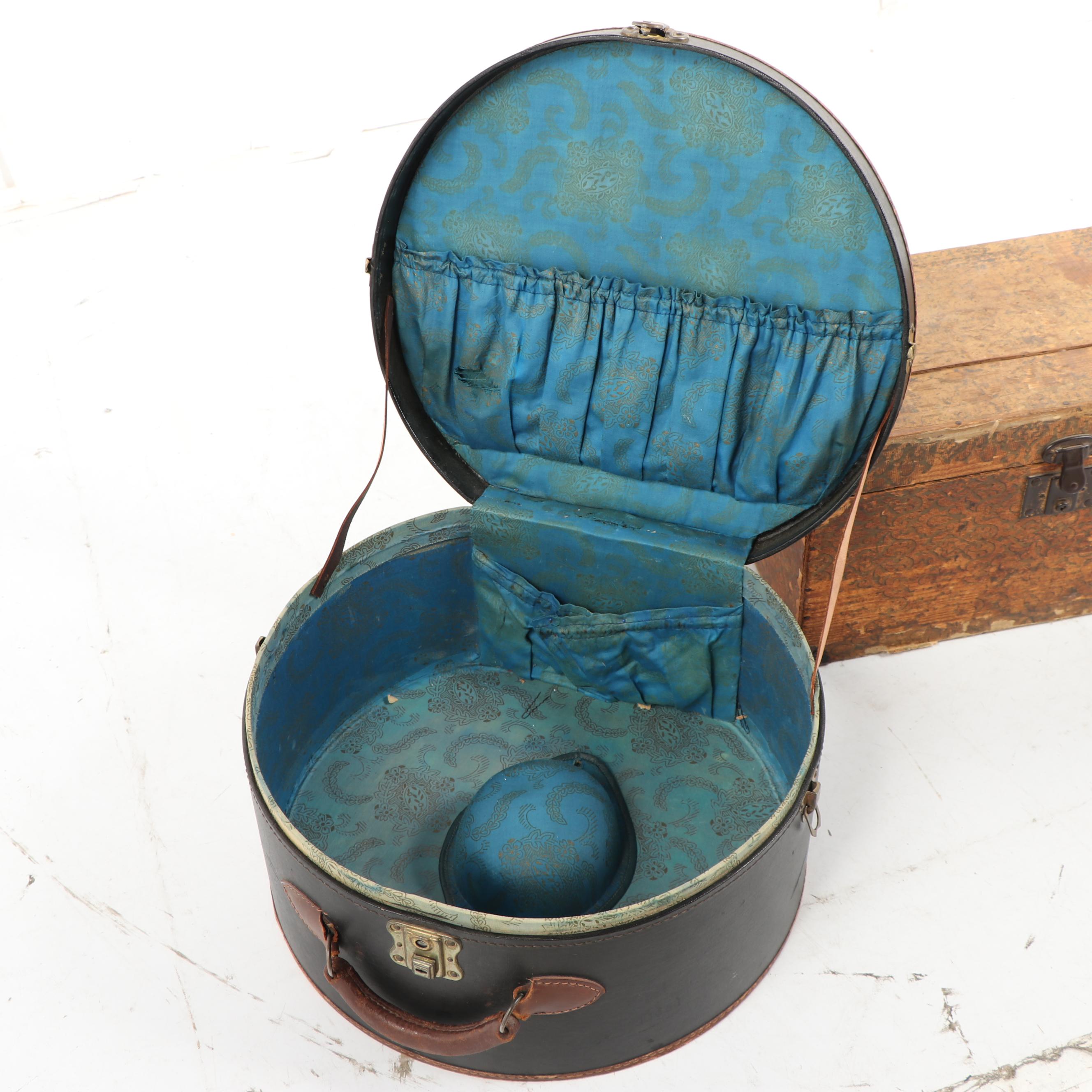 Vintage Hat Box and Miniature Wooden Trunk