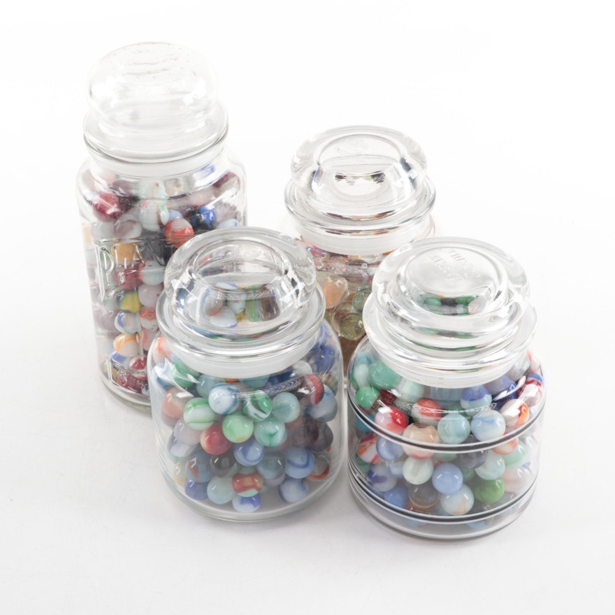 Vintage Glass Marbles in Jars, including Transparent and Swirl Designs