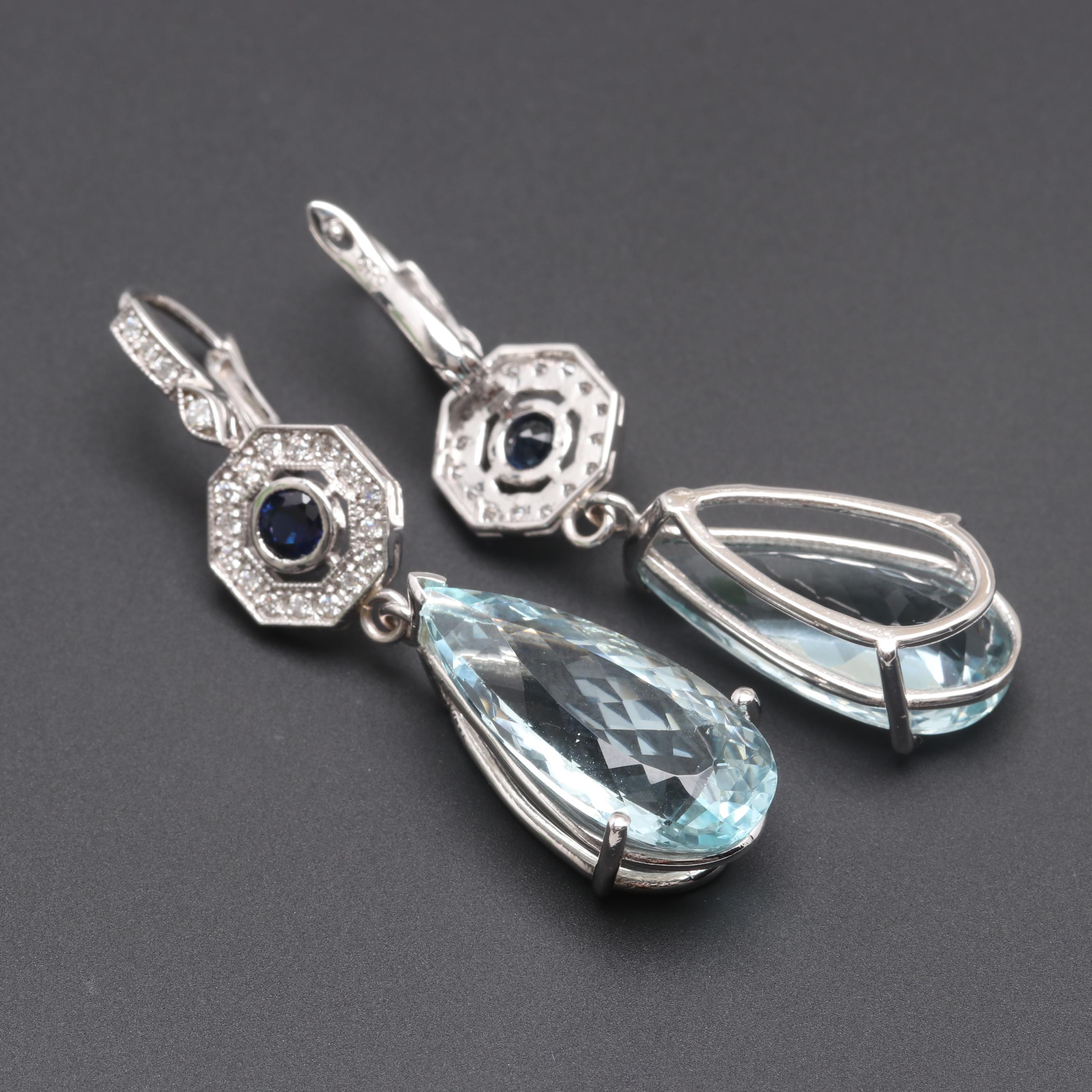 14K White Gold Aquamarine, Blue Sapphire, and Diamond Earrings