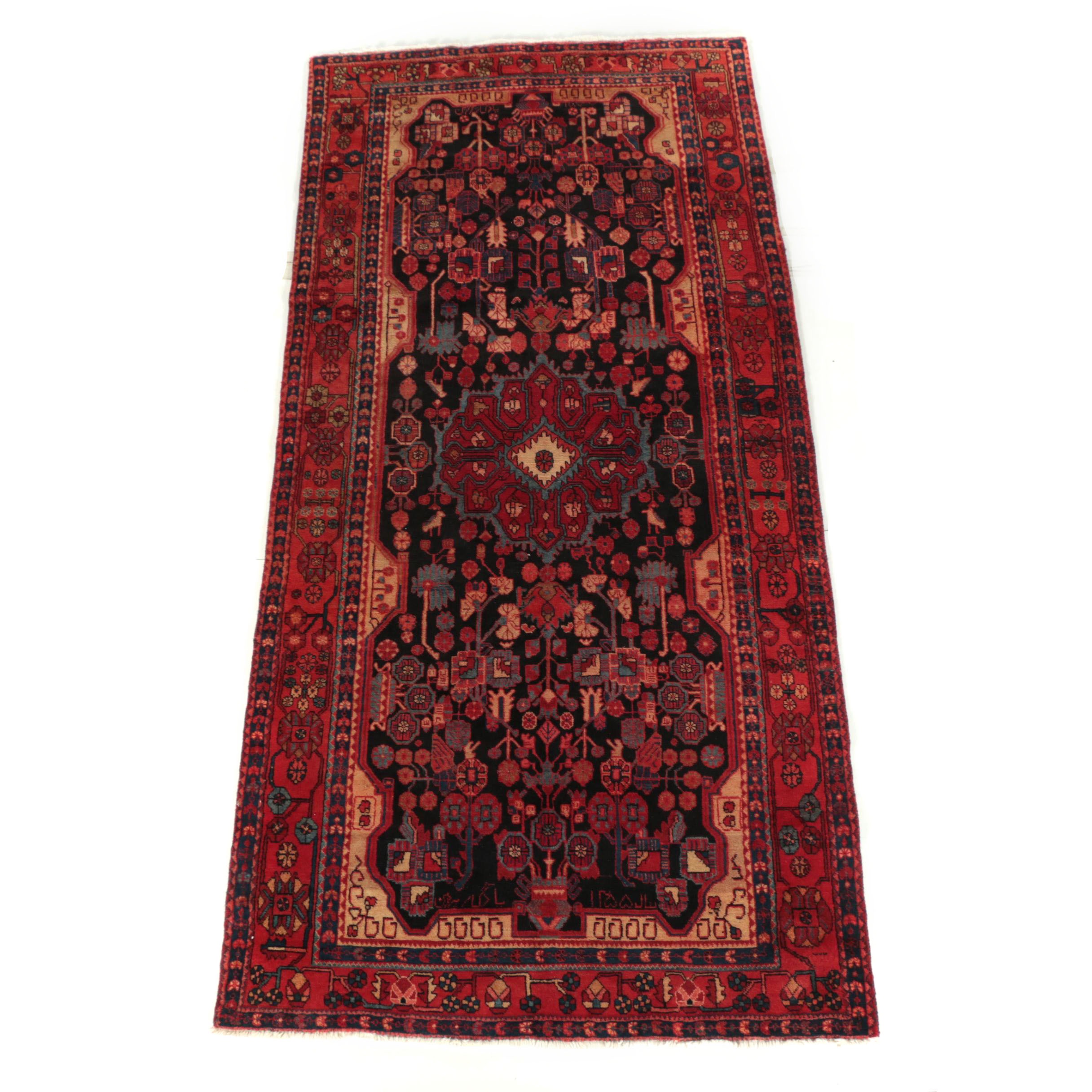 Hand-Knotted Inscribed Persian Nahavand Wool Long Rug