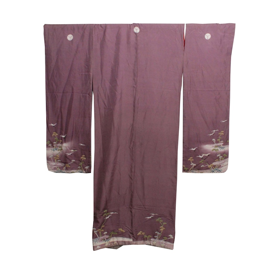 Circa 1880 Antique Handwoven Silk Formal Crested Furisode Kimono