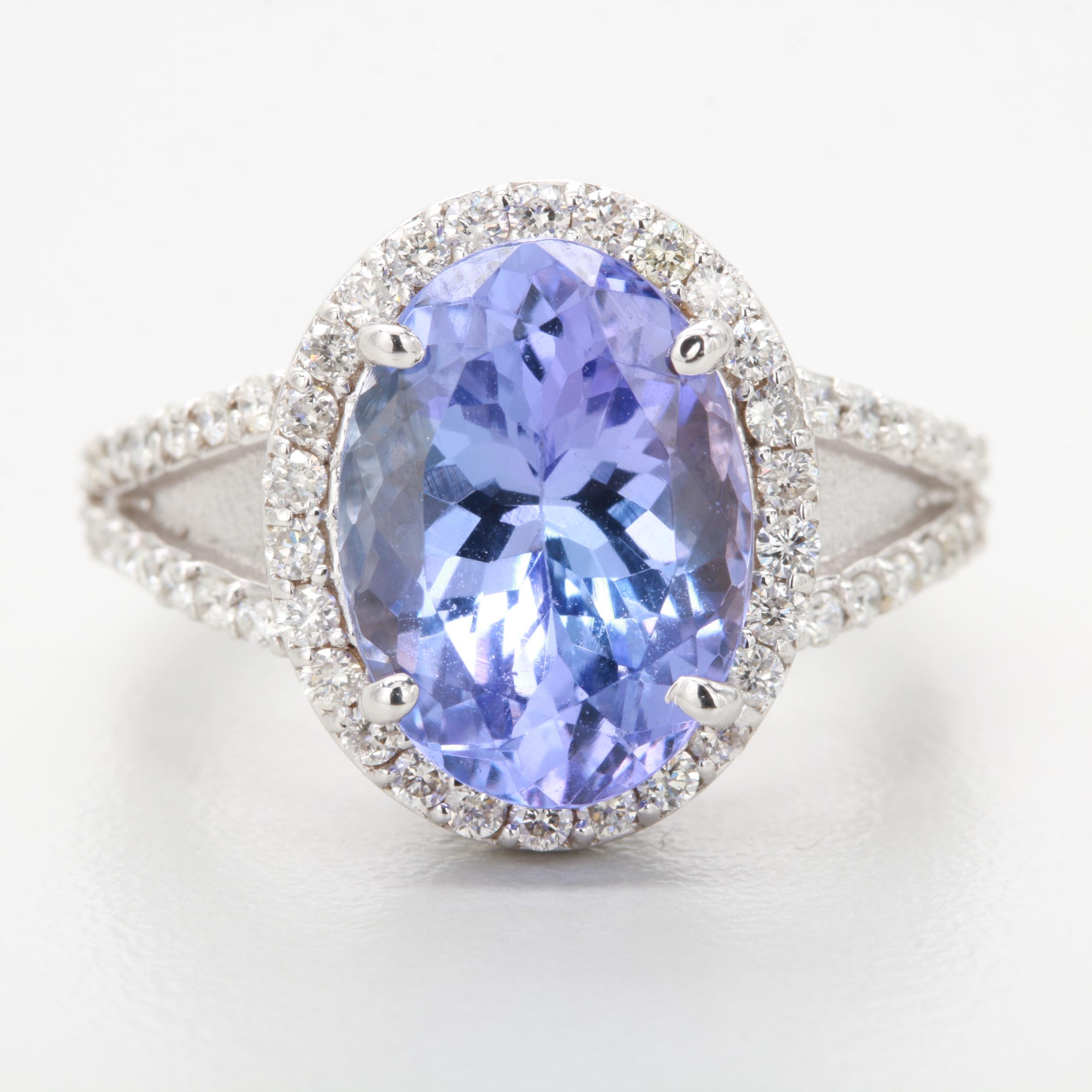 14K White Gold 5.46 CT Tanzanite and Diamond Ring