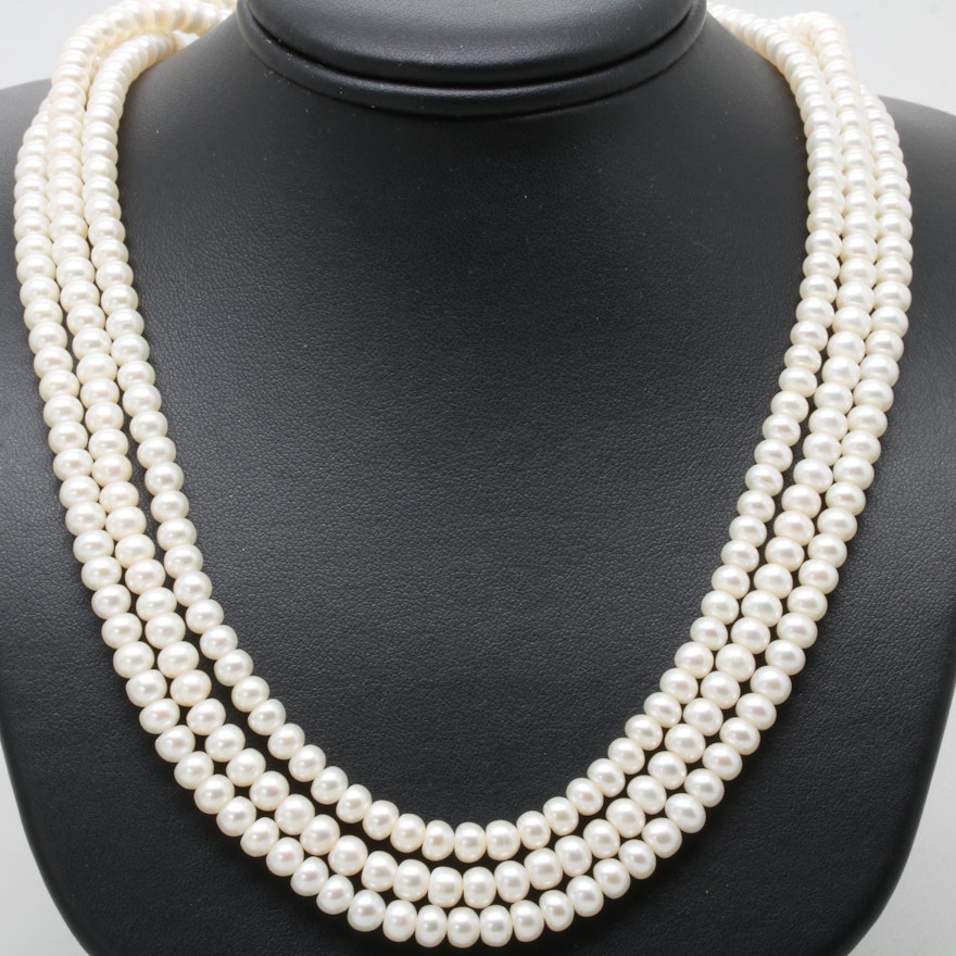 14K Yellow Gold Triple Strand Cultured Pearl Necklace