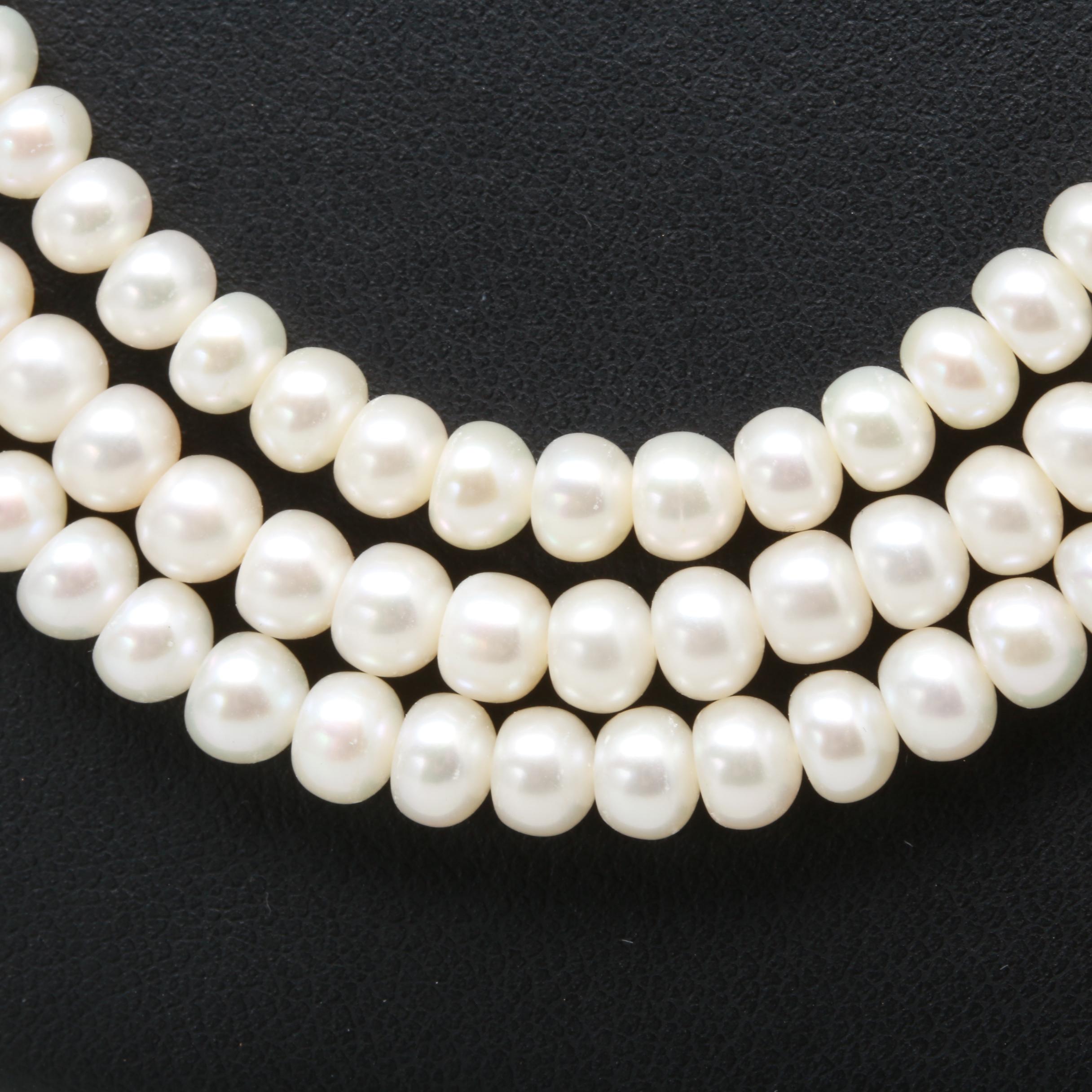 14K Yellow Gold Triple Strand Cultured Pearl Necklace