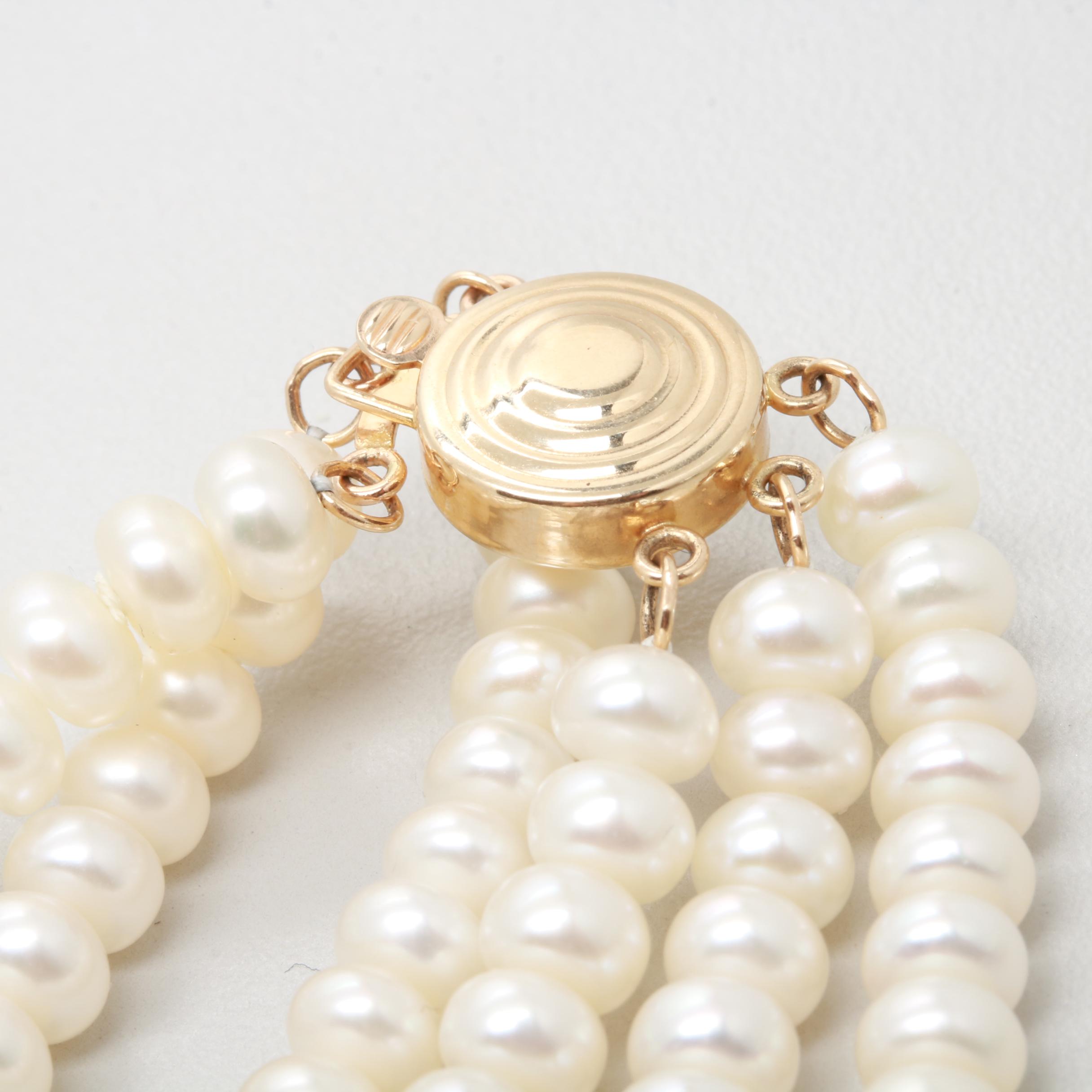 14K Yellow Gold Triple Strand Cultured Pearl Necklace