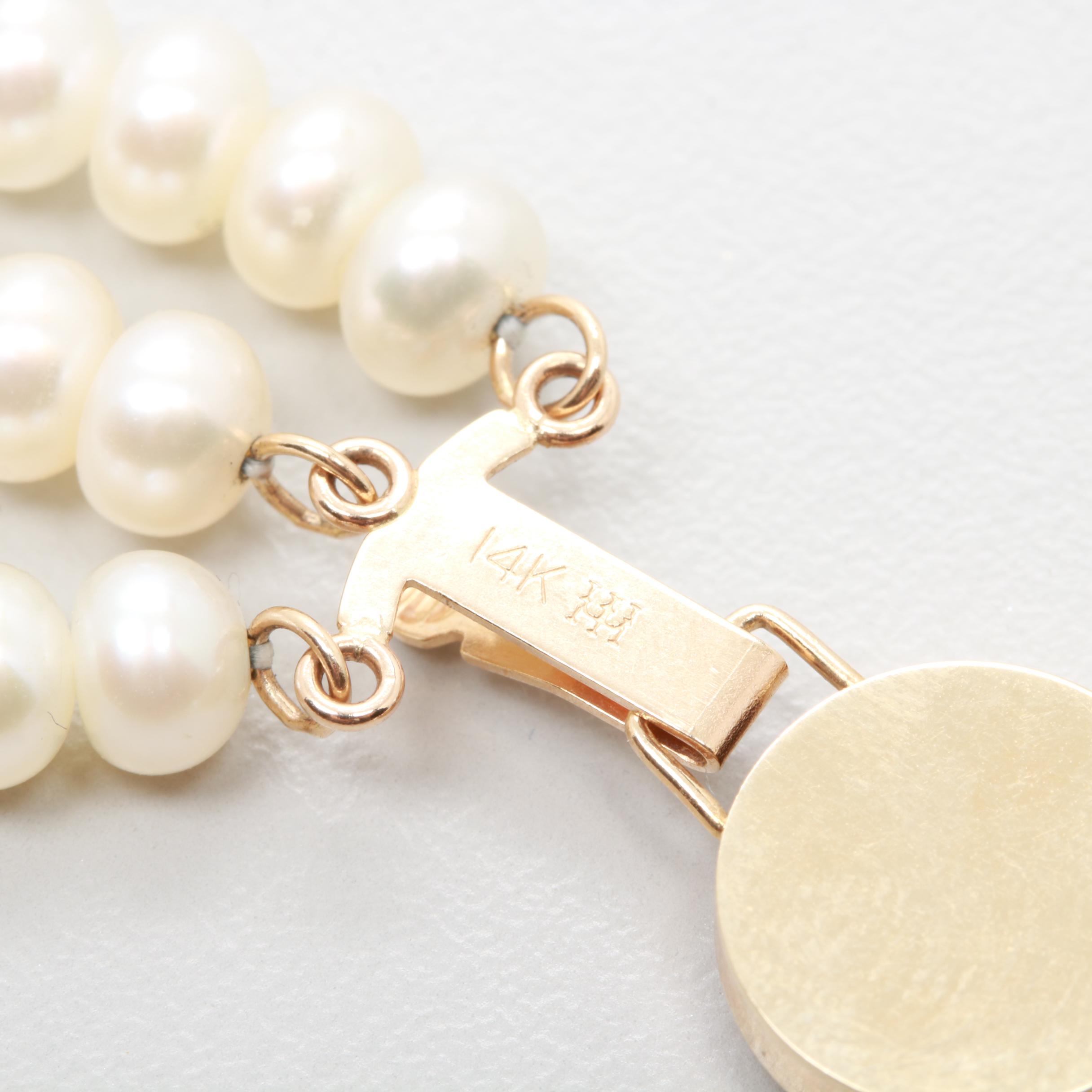 14K Yellow Gold Triple Strand Cultured Pearl Necklace