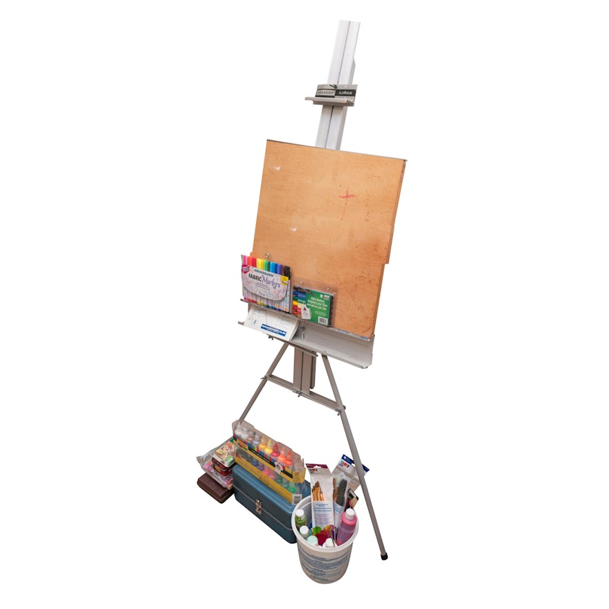 Stanrite Aluminum Studio Easel and Various Painting Supplies