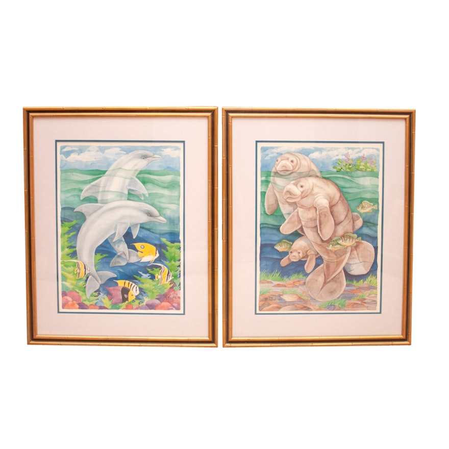 Paul Brent Offset Lithographs of Mantees and Dolphins