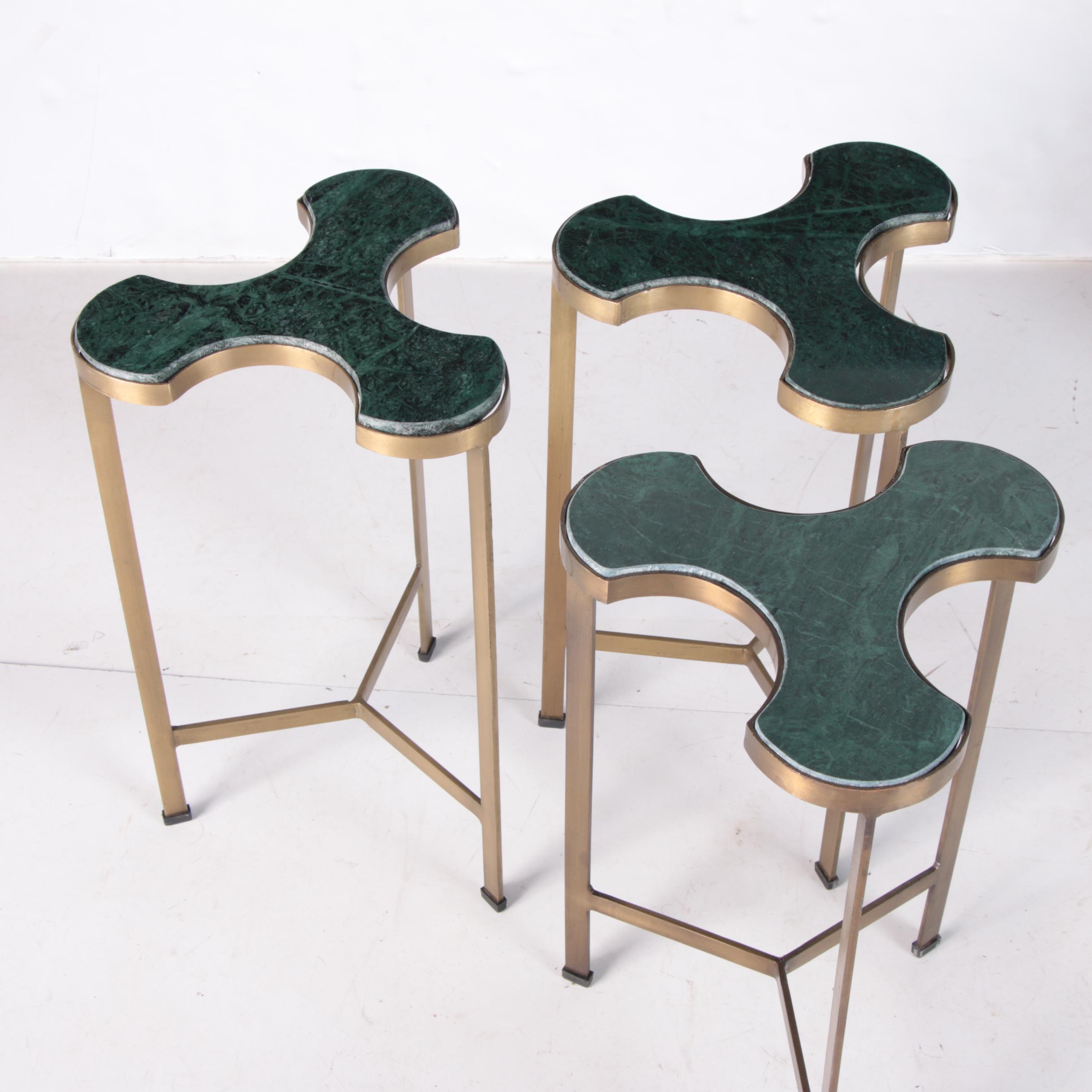 Contemporary Brass and Green Marble "Puzzles" Trefoil Accent Tables
