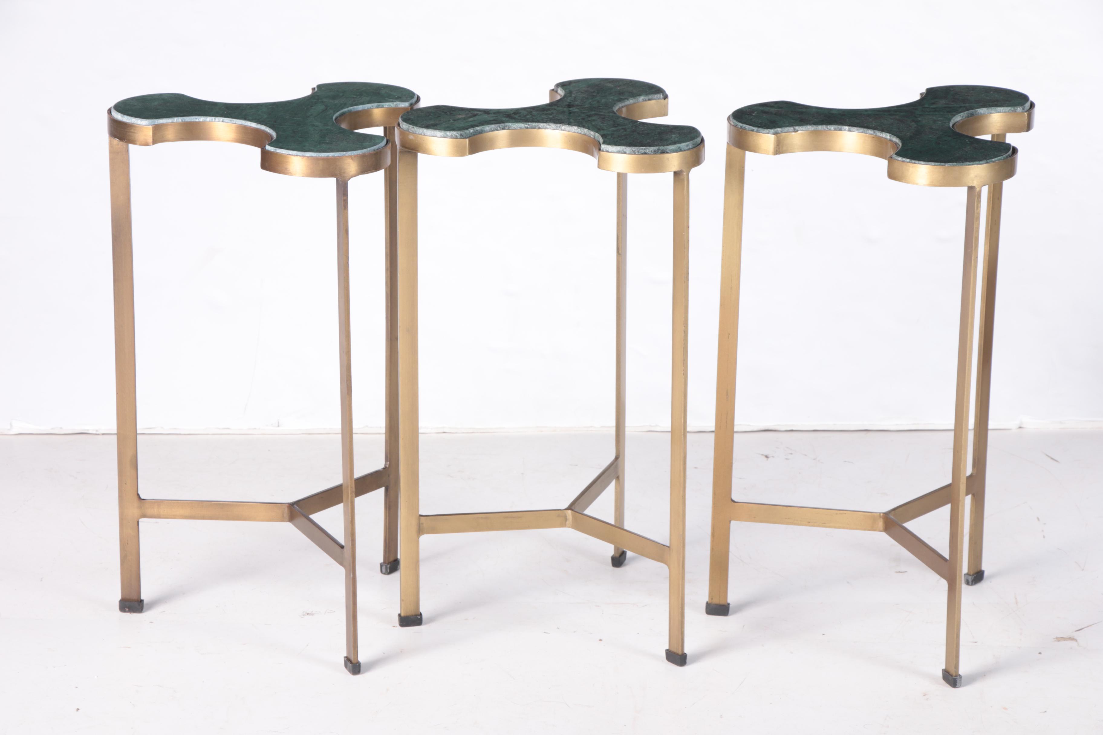 Contemporary Brass and Green Marble "Puzzles" Trefoil Accent Tables