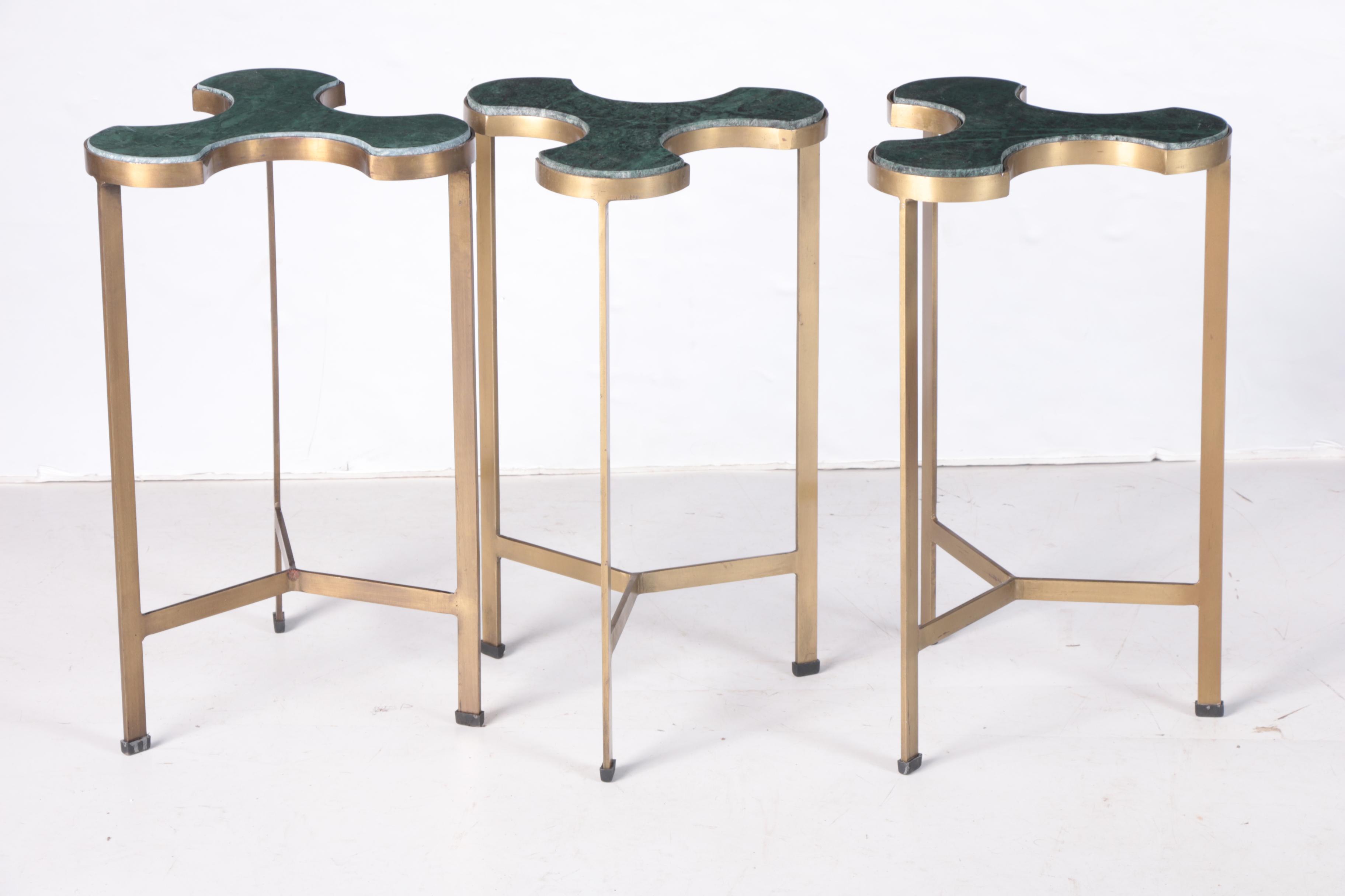 Contemporary Brass and Green Marble "Puzzles" Trefoil Accent Tables